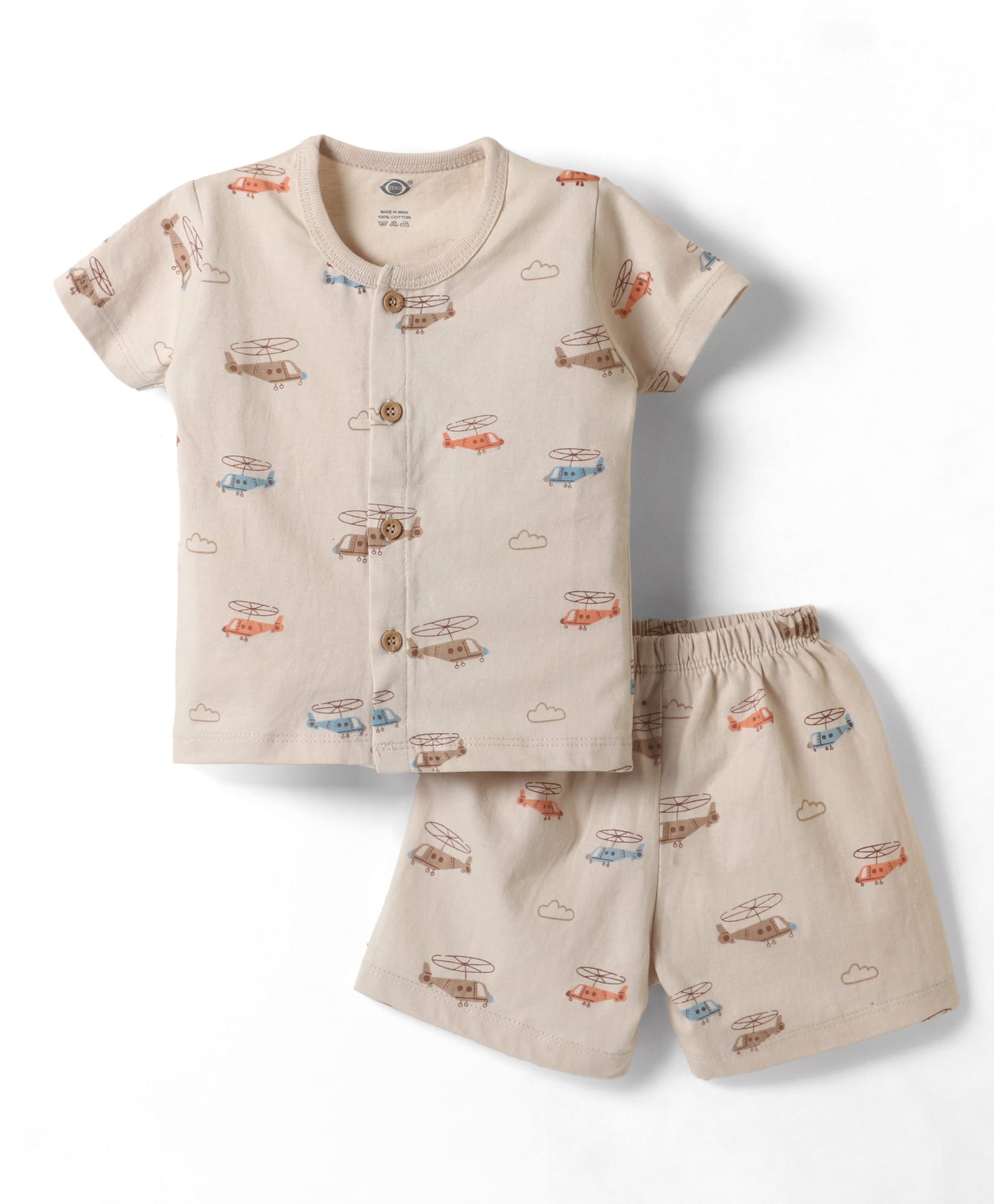 Zero Sinker Knit Half Sleeves Co-ords T-Shirt & Shorts Night Suit Airplane Print - Beige-picture-16