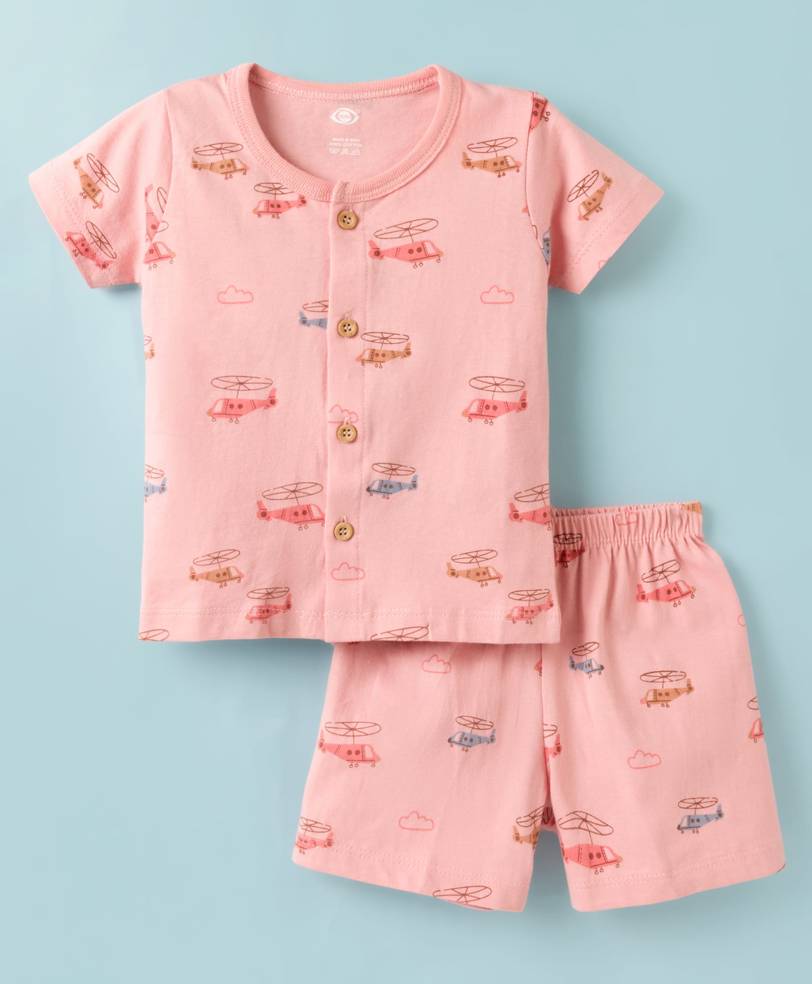 Zero Sinker Knit Half Sleeves Co-ords T-Shirt & Shorts Night Suit Airplane Print - Pink-picture-31