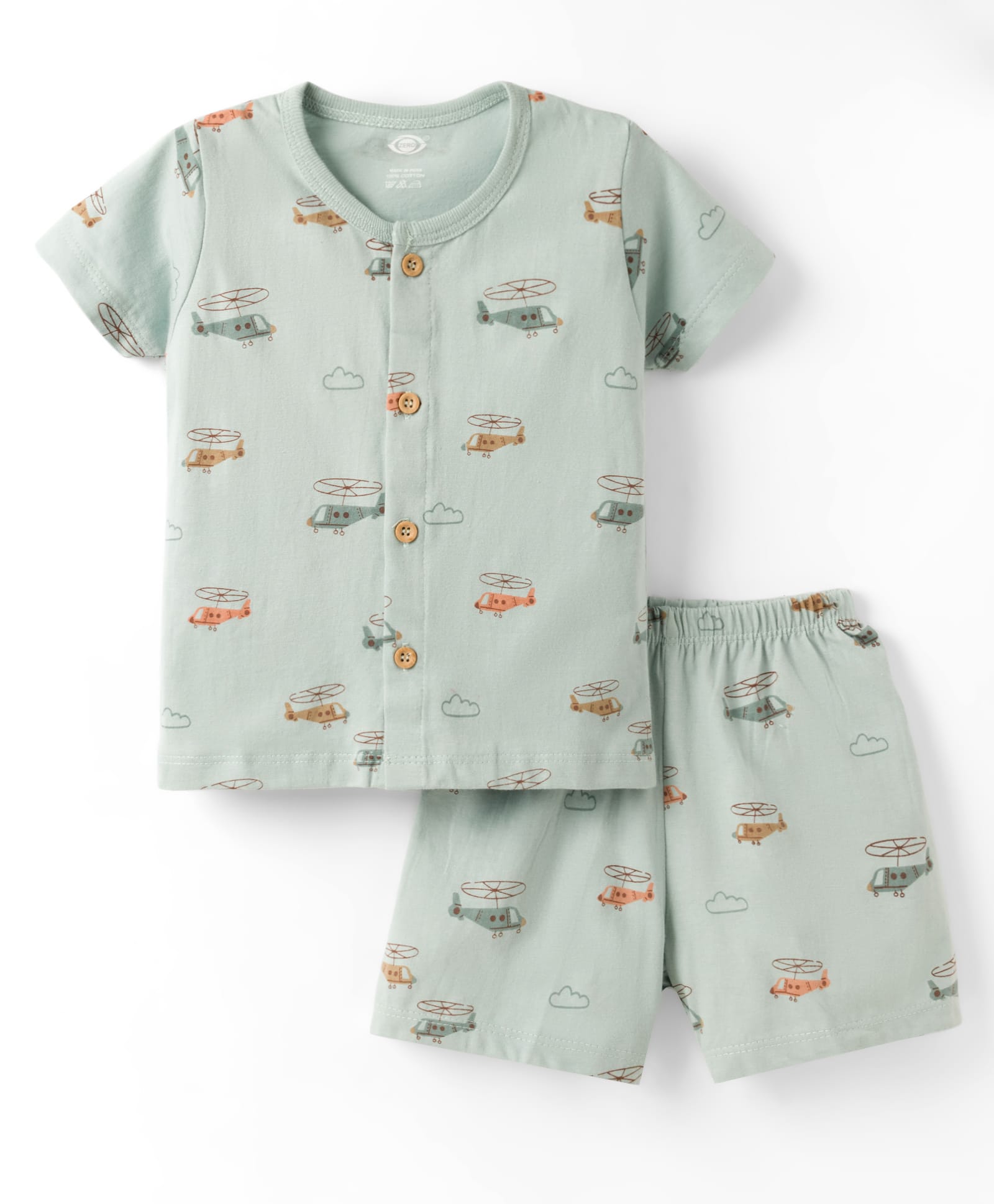 Zero Sinker Knit Half Sleeves Co-ords T-Shirt & Shorts Night Suit Airplane Print - Aqua Blue-image-45