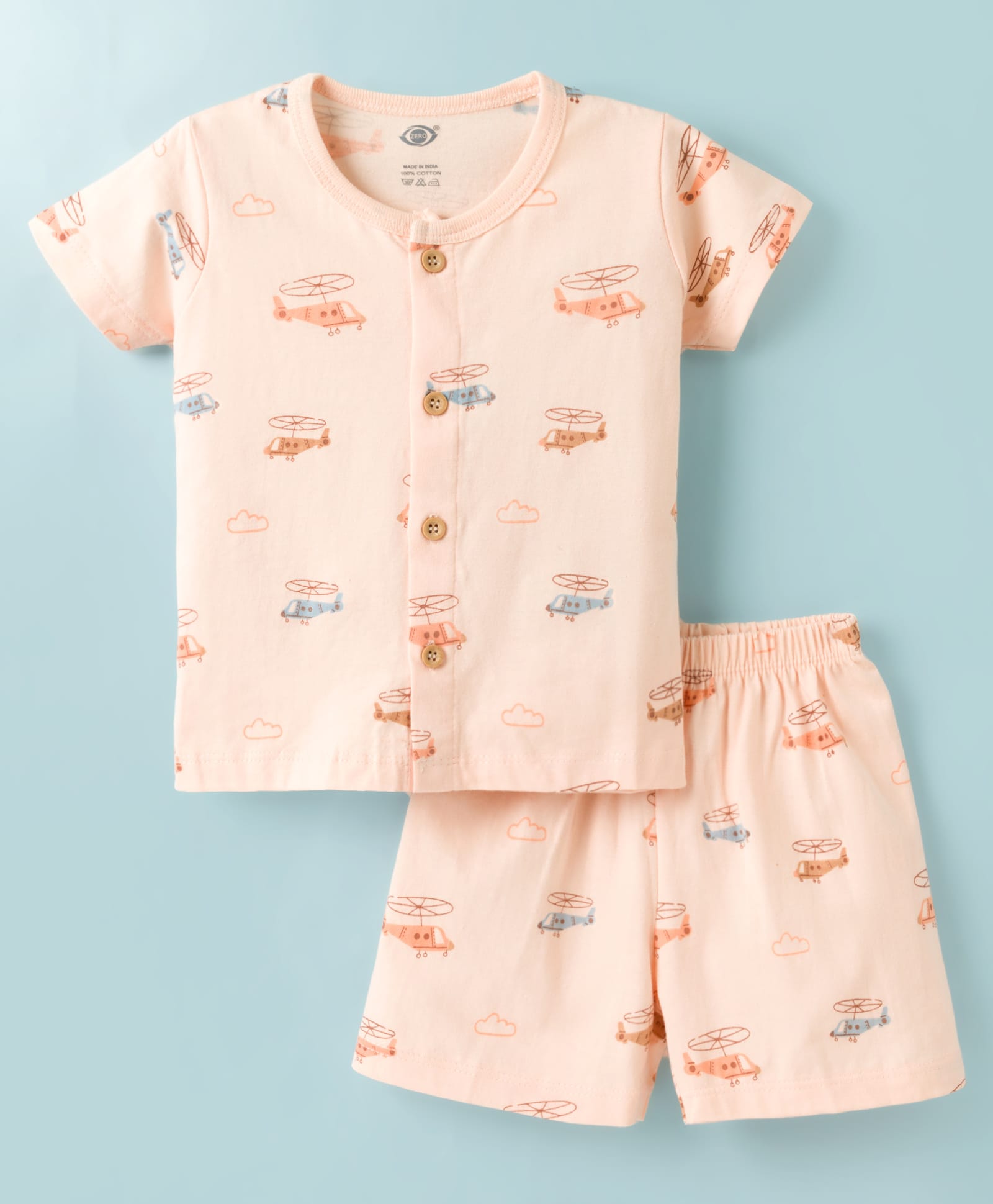Zero Sinker Knit Half Sleeves Co-ords T-Shirt & Shorts Night Suit Airplane Print - Peach-picture-30
