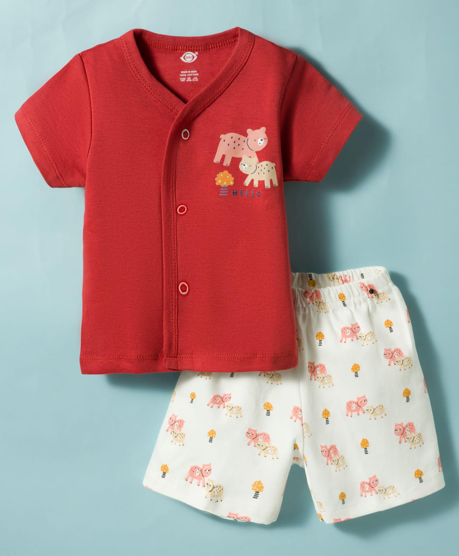 Zero Sinker Knit Half Sleeves Animal Printed T-Shirt & Shorts Night Suit - Red-picture-23