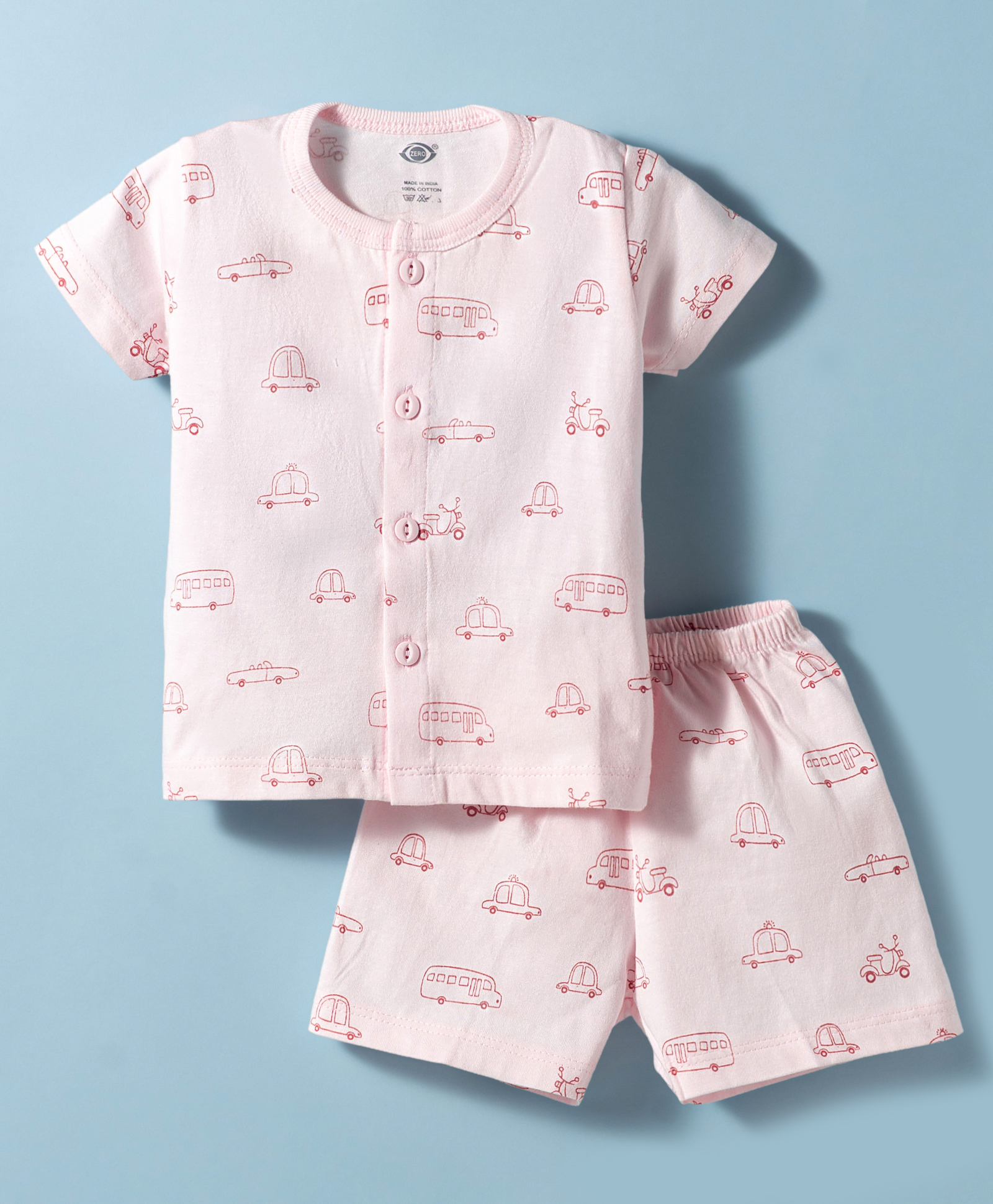 Zero Sinker Knit Half Sleeves Vehicles Printed Co-Ords T-Shirt & Shorts Night Suit - Pink-picture-29