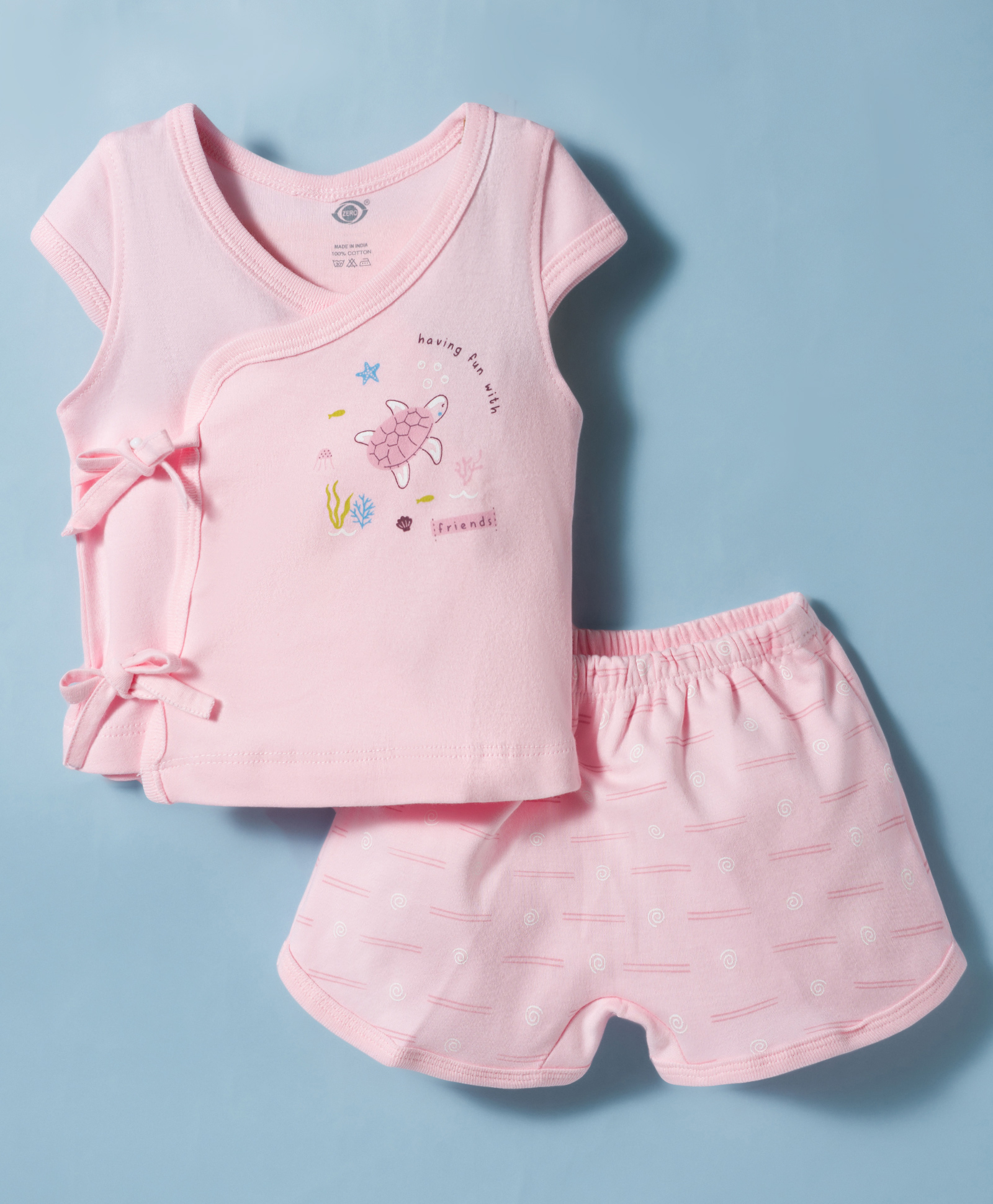 Zero Sinker Knit Half Sleeves Turtle Printed T-Shirt & Shorts Night Suit - Baby Pink-picture-8