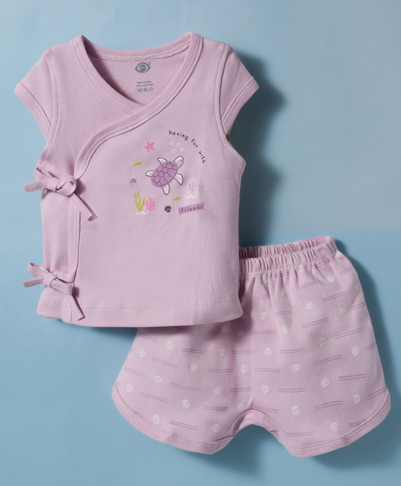Zero Sinker Knit Half Sleeves Turtle Printed T-Shirt & Shorts Night Suit - Lilac-image-47