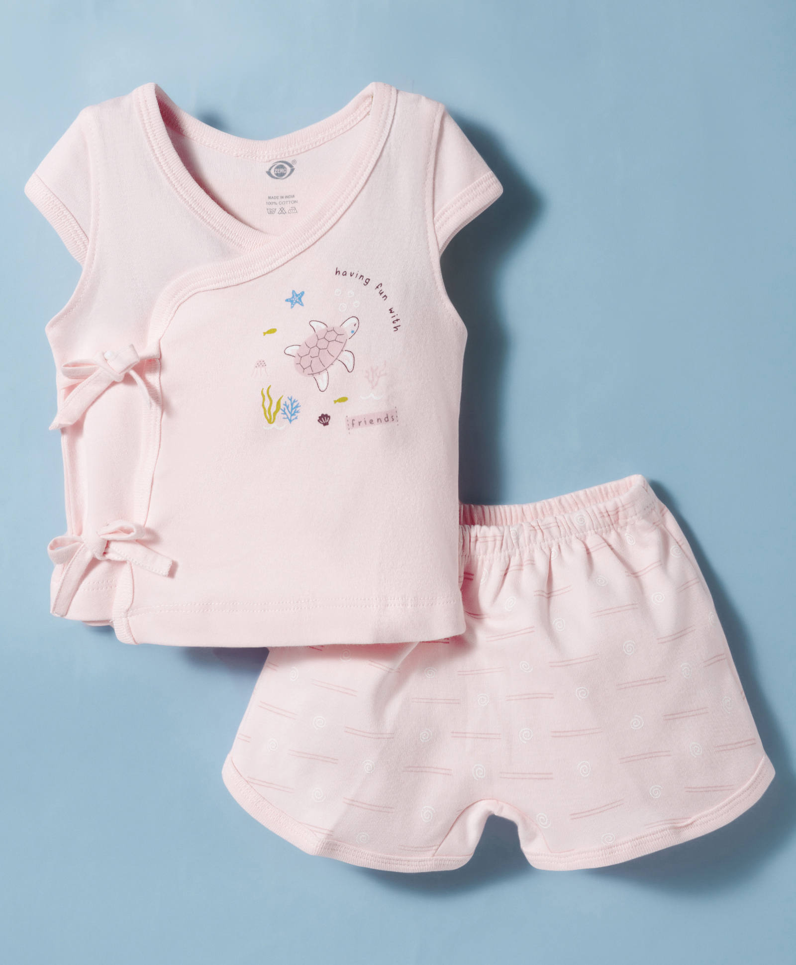 Zero Sinker Knit Half Sleeves Turtle Printed T-Shirt & Shorts Night Suit - Light Peach-picture-25