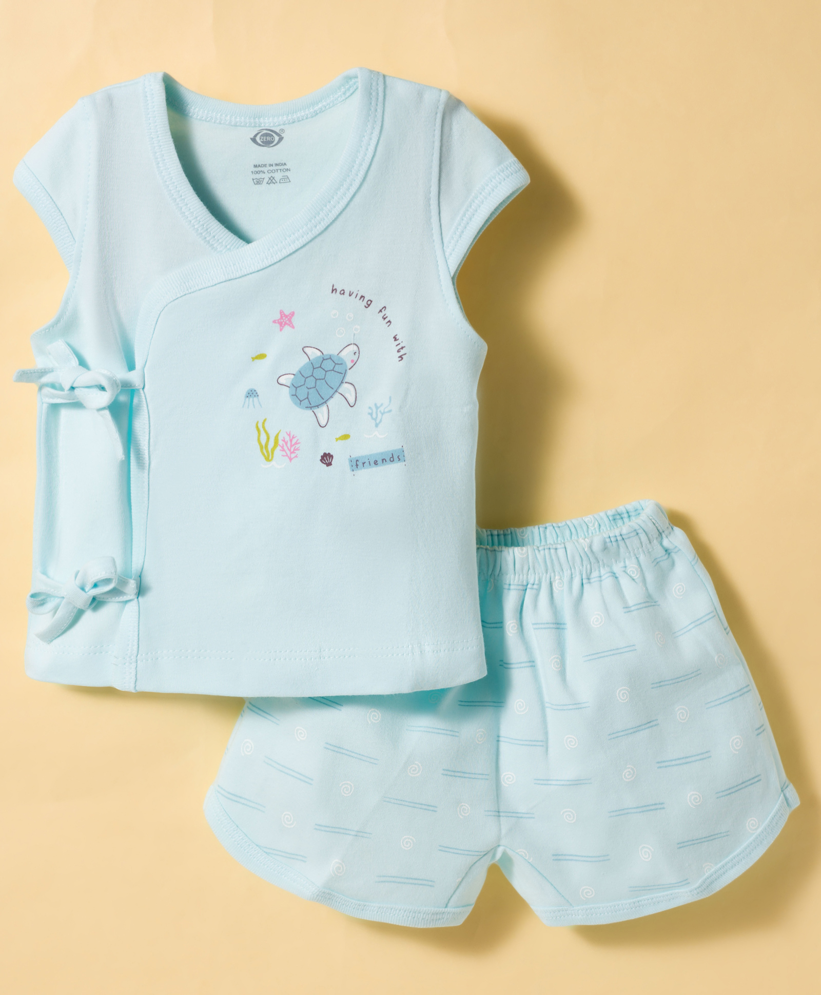 Zero Sinker Knit Half Sleeves Turtle Printed T-Shirt & Shorts Night Suit - Sea Green-image-20