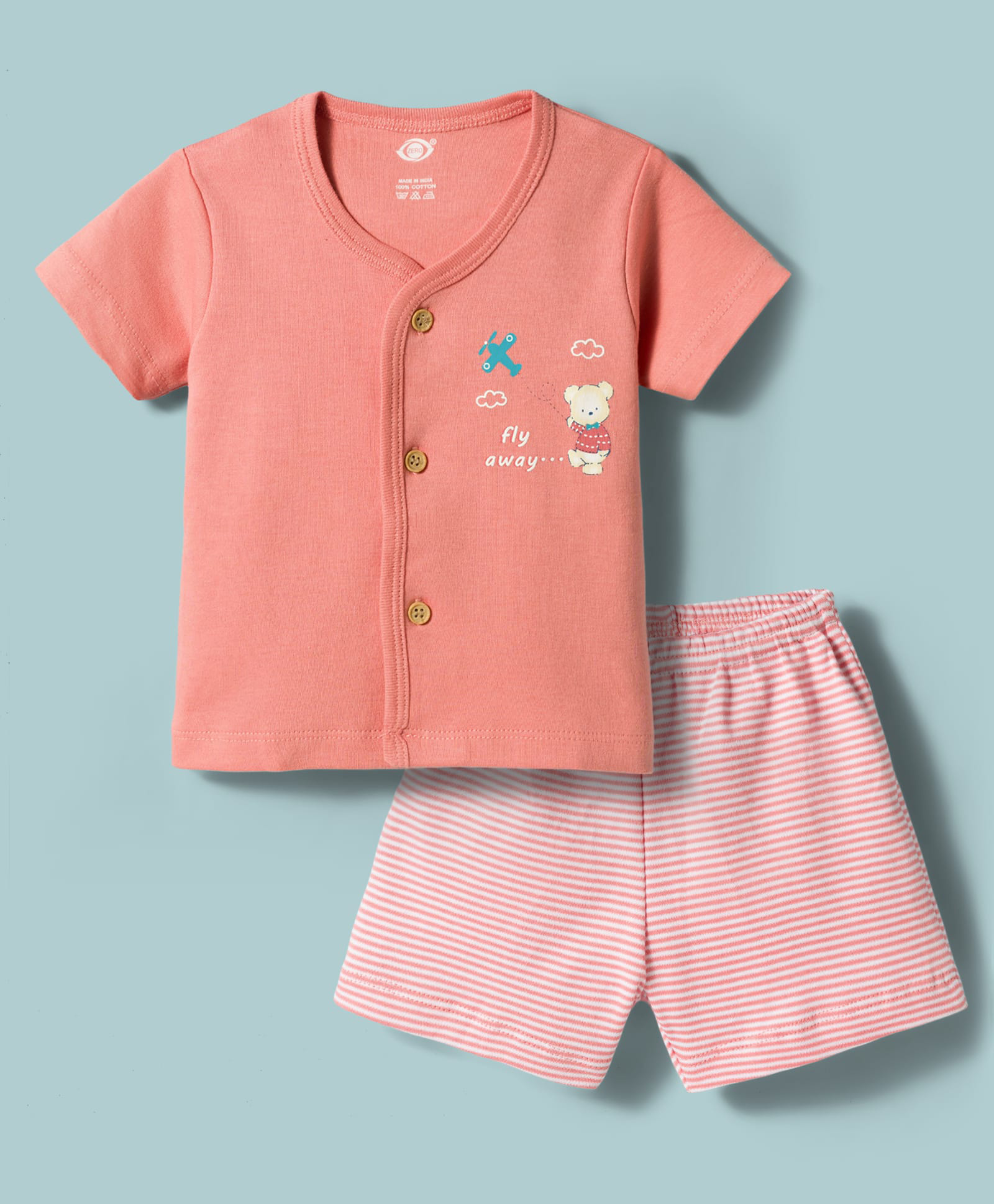Zero Sinker Knit Half Sleeves Aeroplane & Bear Printed T-Shirt & Shorts Night Suit With Stripes- Peach-picture-4