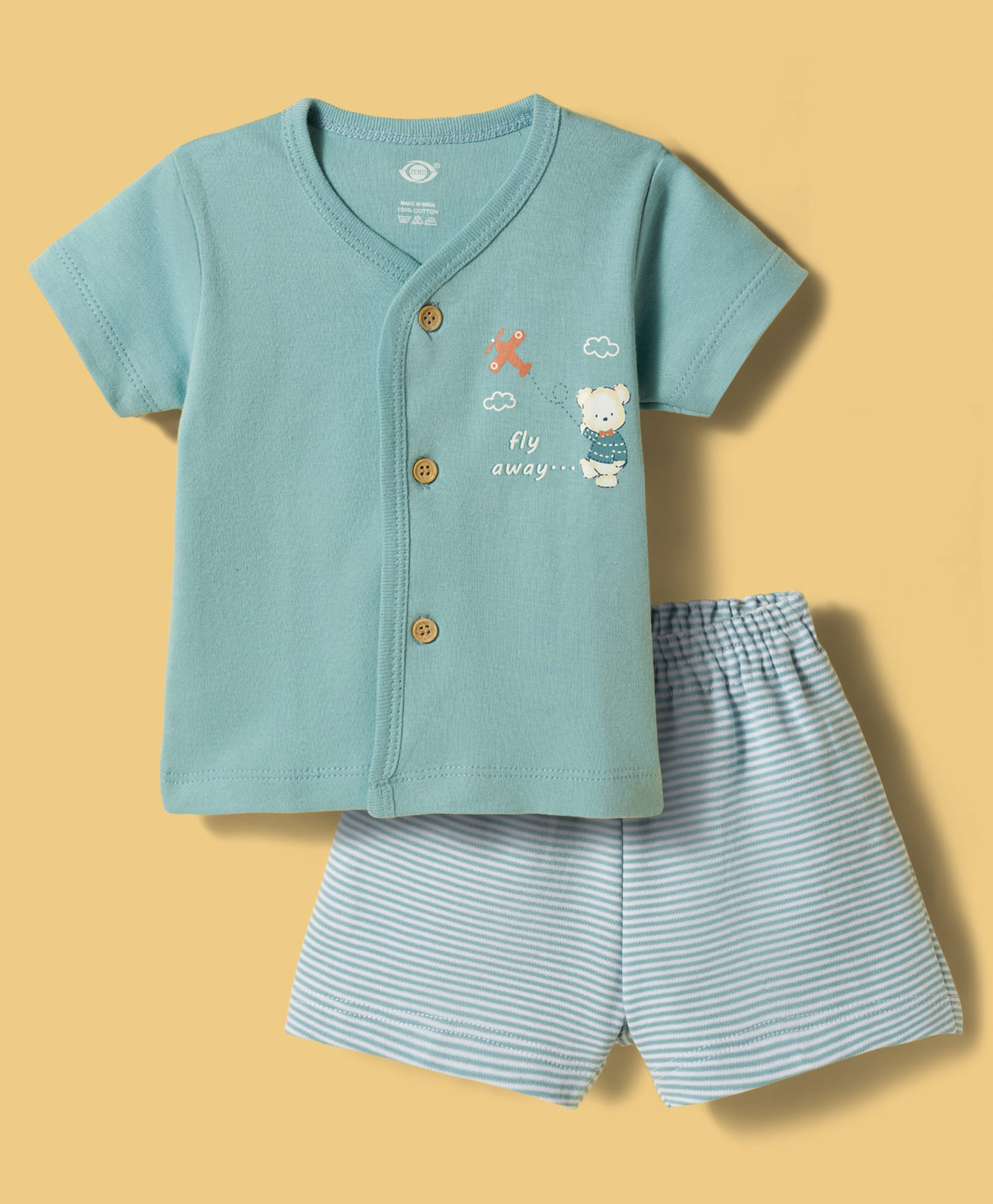 Zero Sinker Knit Half Sleeves Aeroplane & Bear Printed T-Shirt & Shorts Night Suit With Stripes -Aqua Blue-image-37