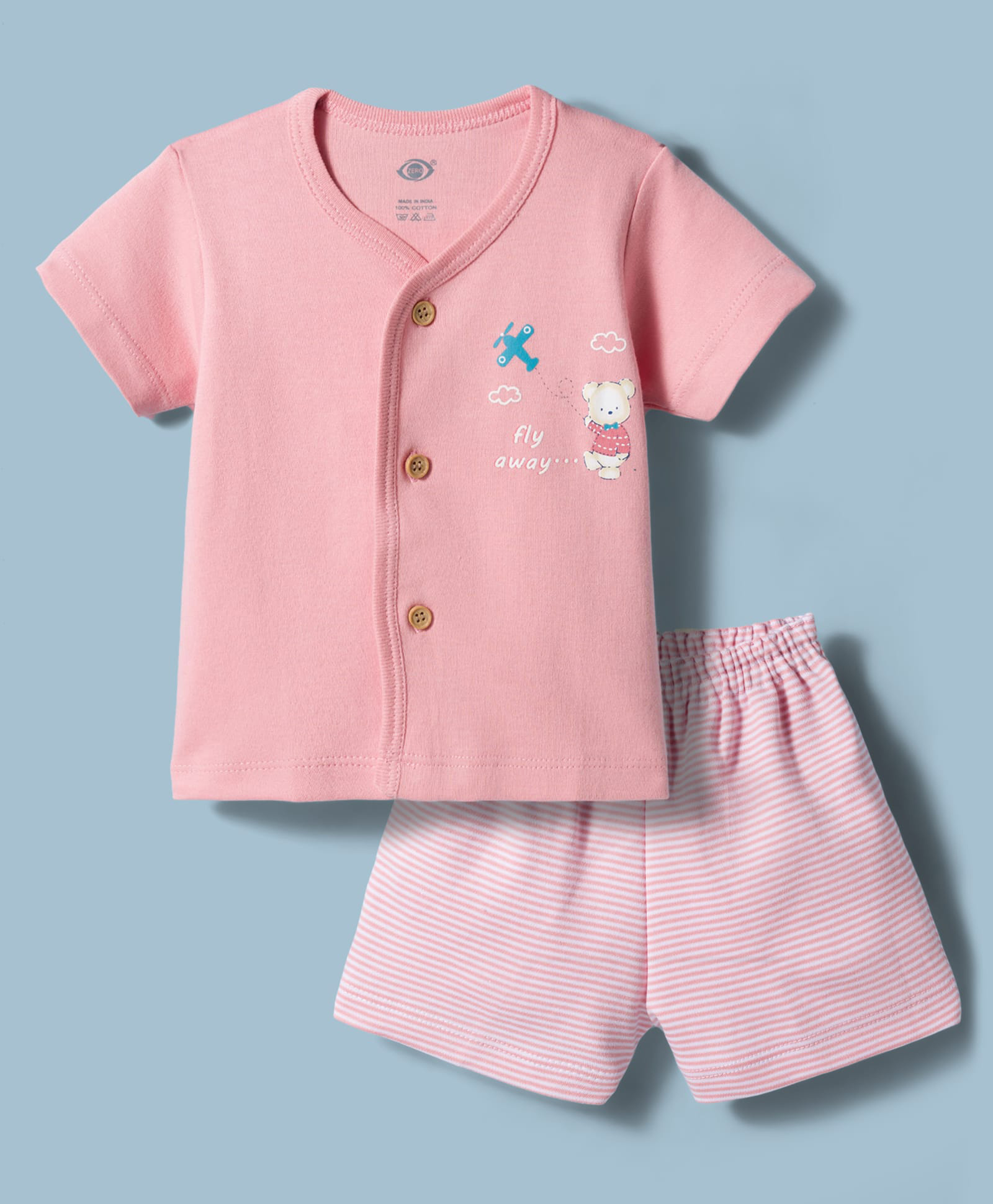 Zero Sinker Knit Half Sleeves Aeroplane & Bear Printed T-Shirt & Shorts Night Suit With Stripes-Pink-picture-35