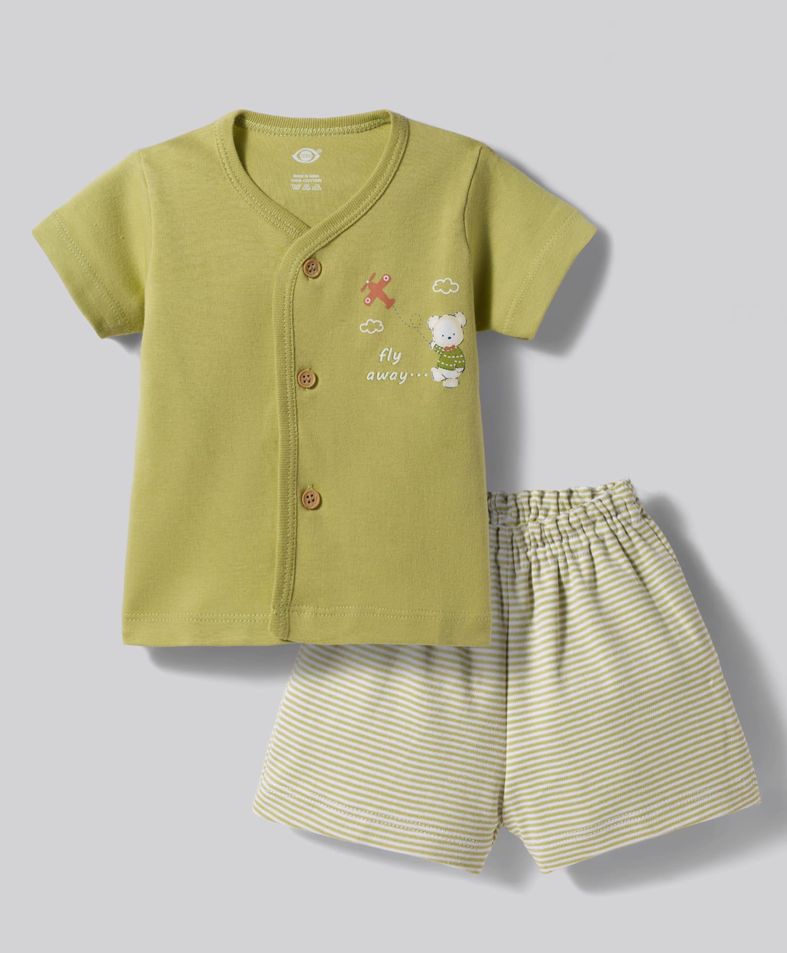 Zero Sinker Knit Half Sleeves Aeroplane & Bear Printed T-Shirt & Shorts Night Suit With Stripes-Green-picture-28