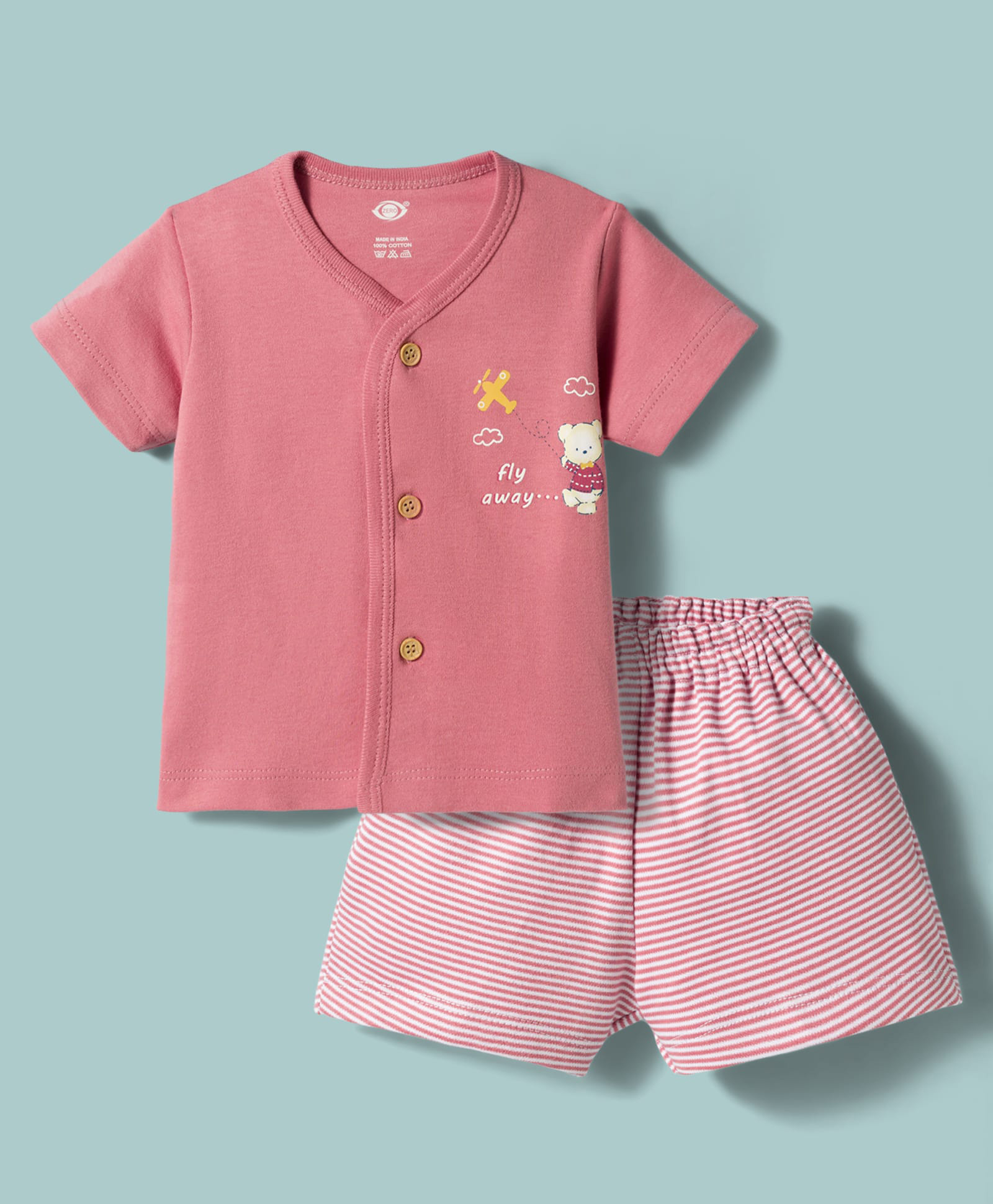 Zero Sinker Knit Half Sleeves Aeroplane & Bear Printed T-Shirt & Shorts Night Suit With Stripes-Baby Pink-picture-27