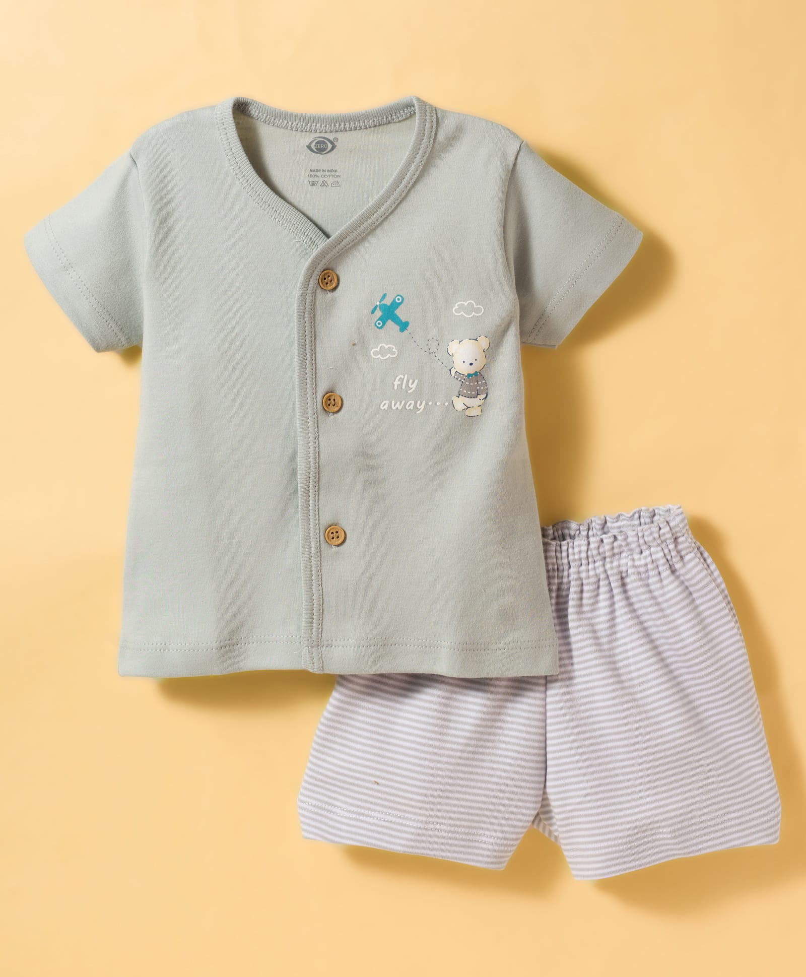 Zero Sinker Knit Half Sleeves Aeroplane & Bear Printed T-Shirt & Shorts Night Suit With Stripes-Silver-picture-37