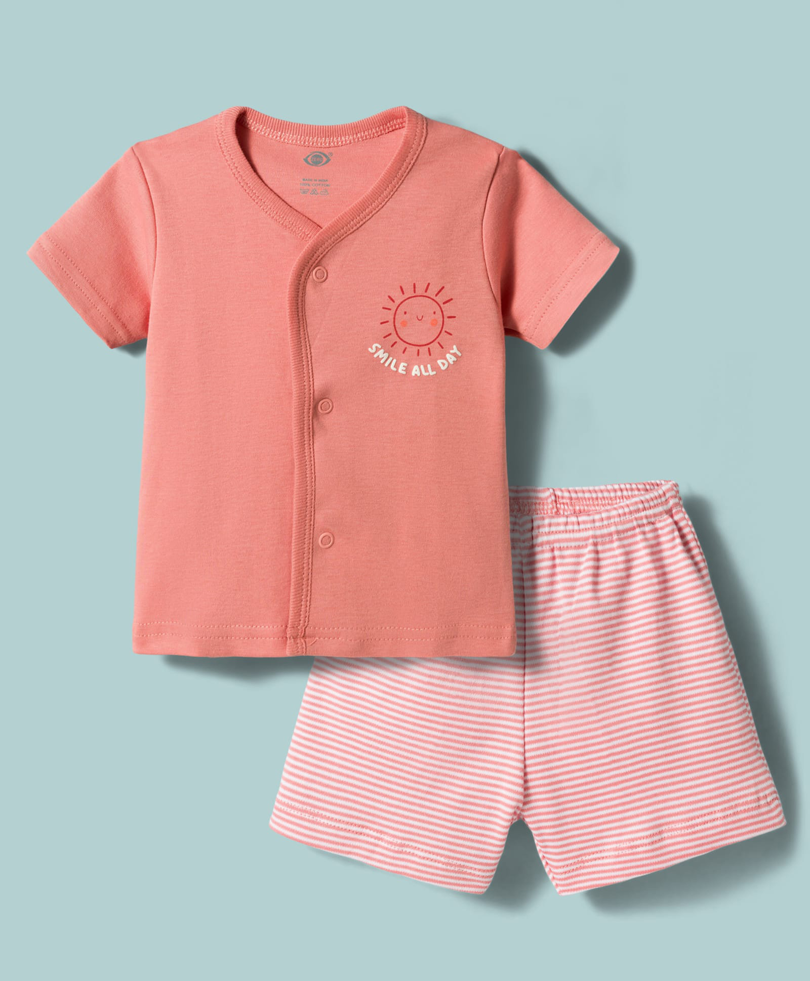 Zero Sinker Knit Half Sleeves Sun Printed T-Shirt & Shorts Night Suit With Stripes - Peach-image-2
