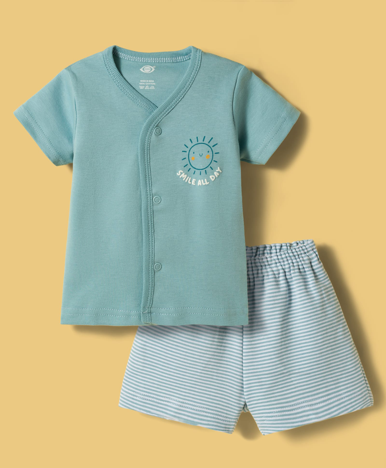 Zero Sinker Knit Half Sleeves Sun Printed T-Shirt & Shorts Night Suit With Stripes - Aqua Blue-picture-26