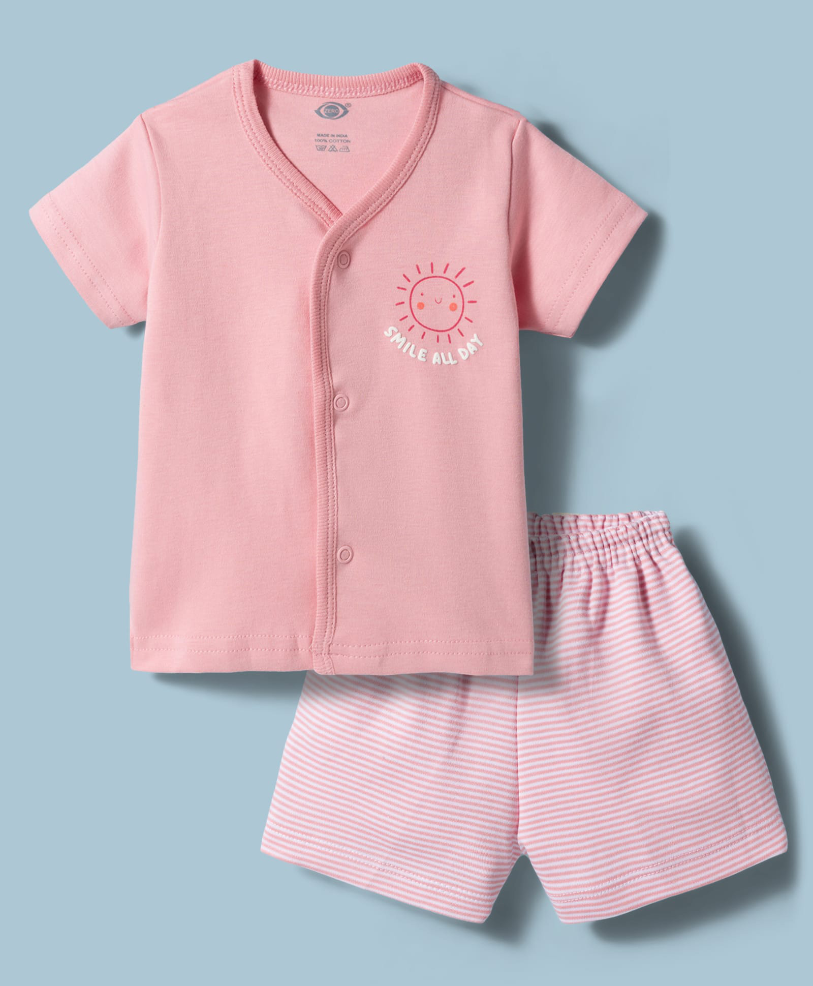 Zero Sinker Knit Half Sleeves Sun Printed T-Shirt & Shorts Night Suit With Stripes - Pink-image-25