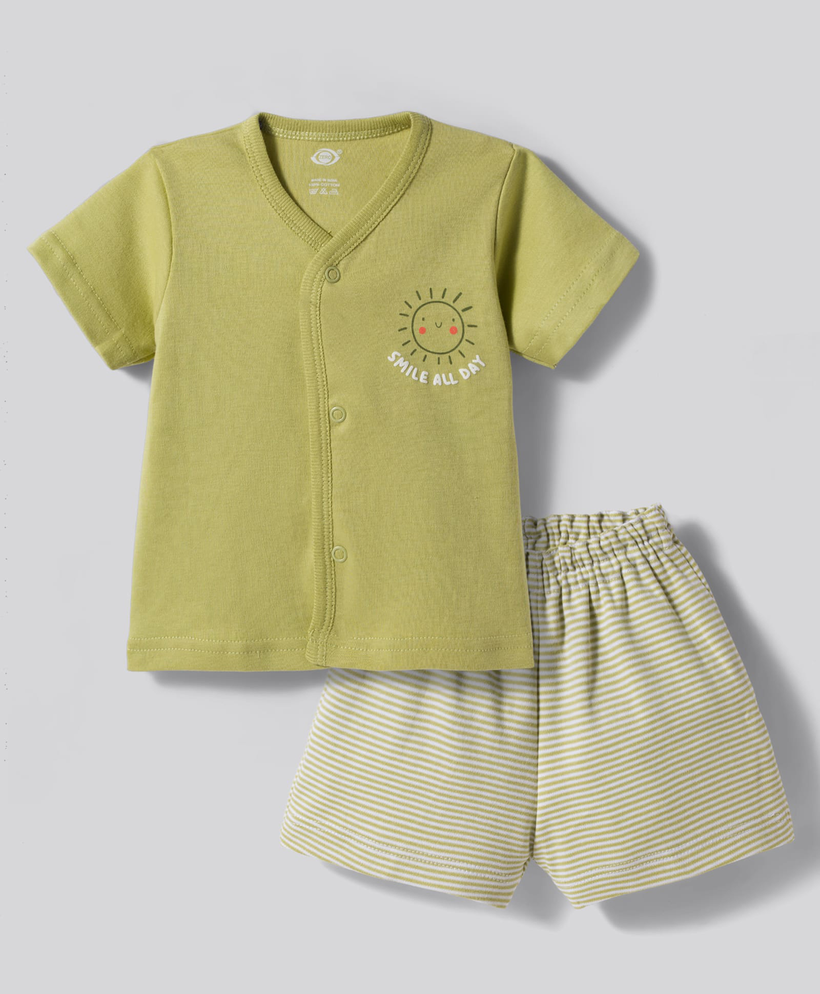 Zero Sinker Knit Half Sleeves Sun Printed T-Shirt & Shorts Night Suit With Stripes - Green-picture-14