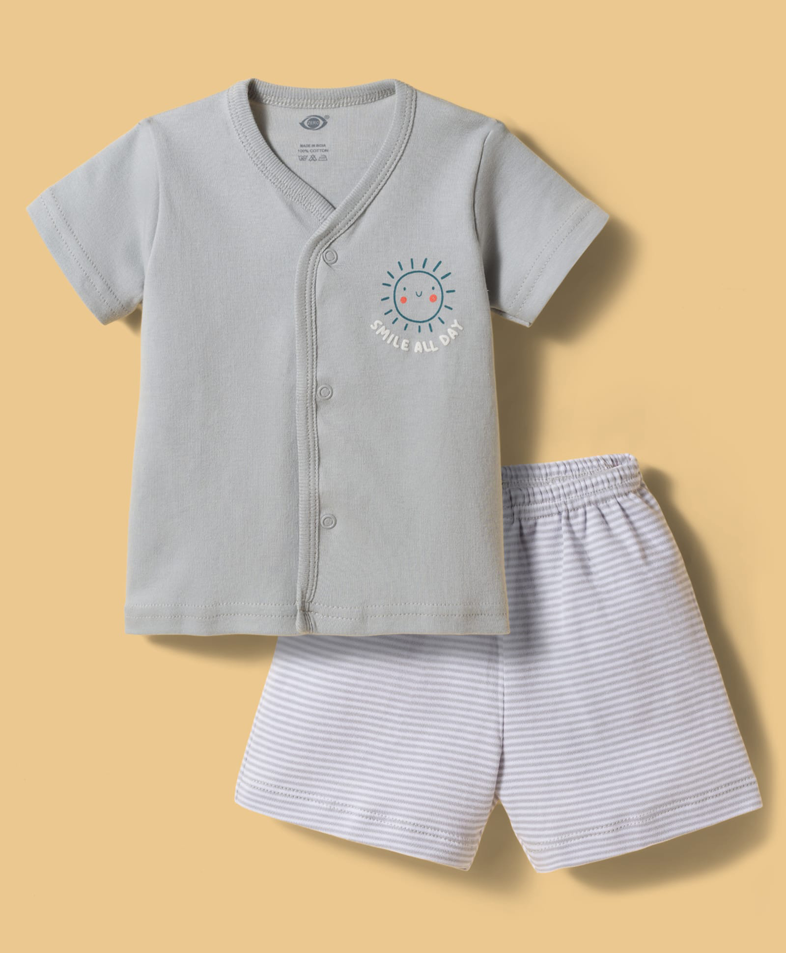 Zero Sinker Knit Half Sleeves Sun Printed T-Shirt & Shorts Night Suit With Stripes - Silver-picture-31