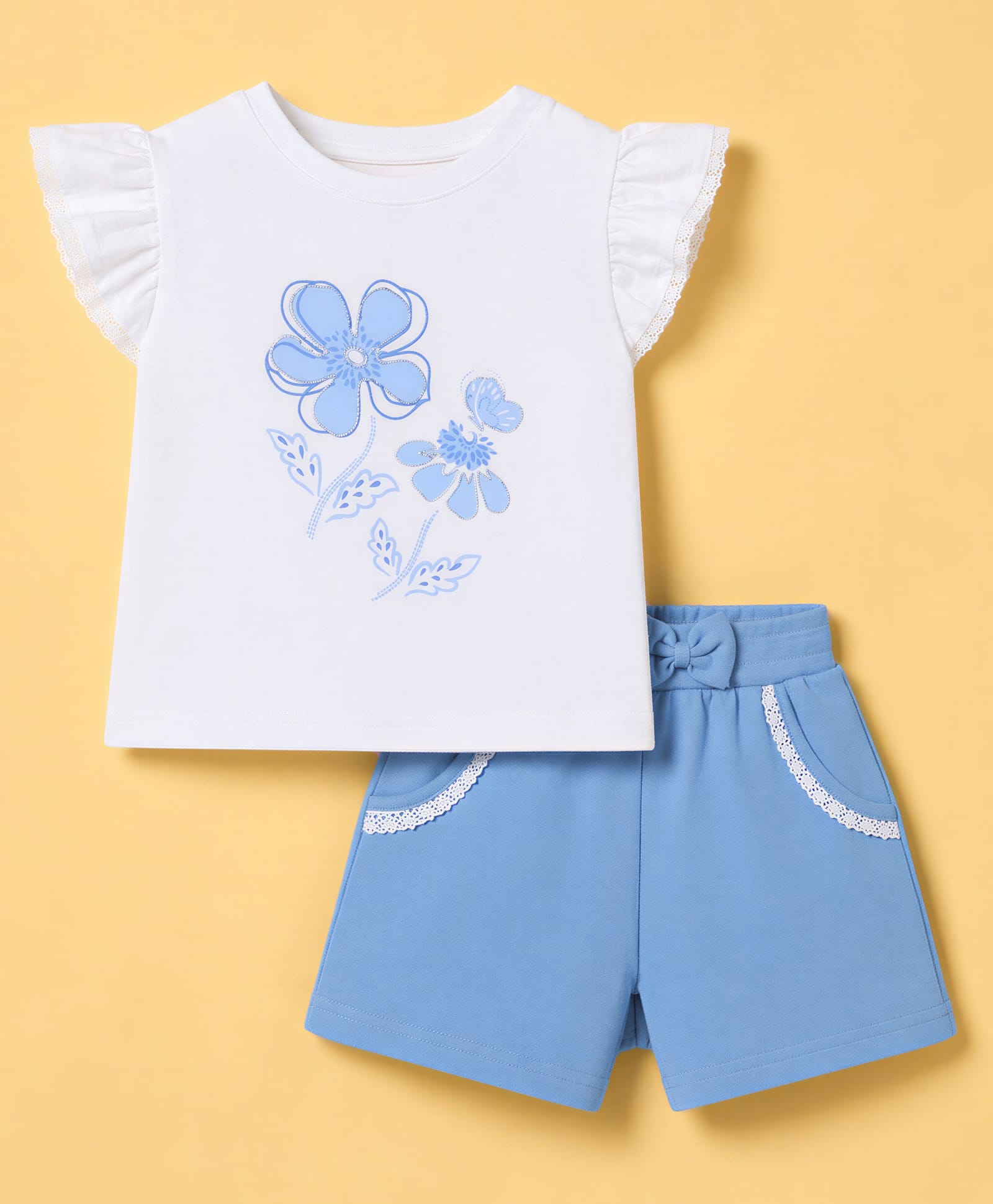 Babyhug Single Jersey Knit Half Frill Sleeves Floral Printed Top & Shorts Set With Lace Detailing - White & Light Blue-picture-20