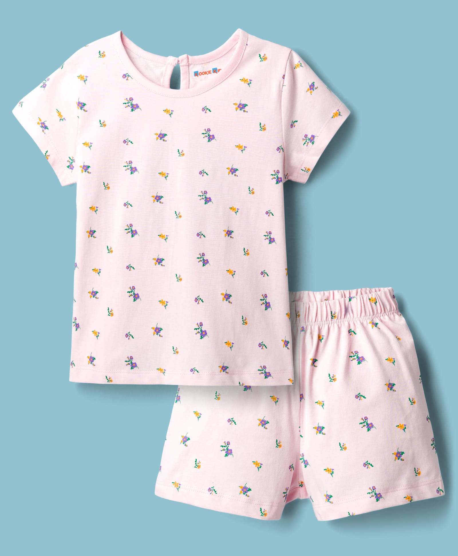 Kookie Kids 100% Cotton Knit Half Sleeves Floral Printed Co-Ords T-Shirt & Shorts Night Suit - Pink-image-45