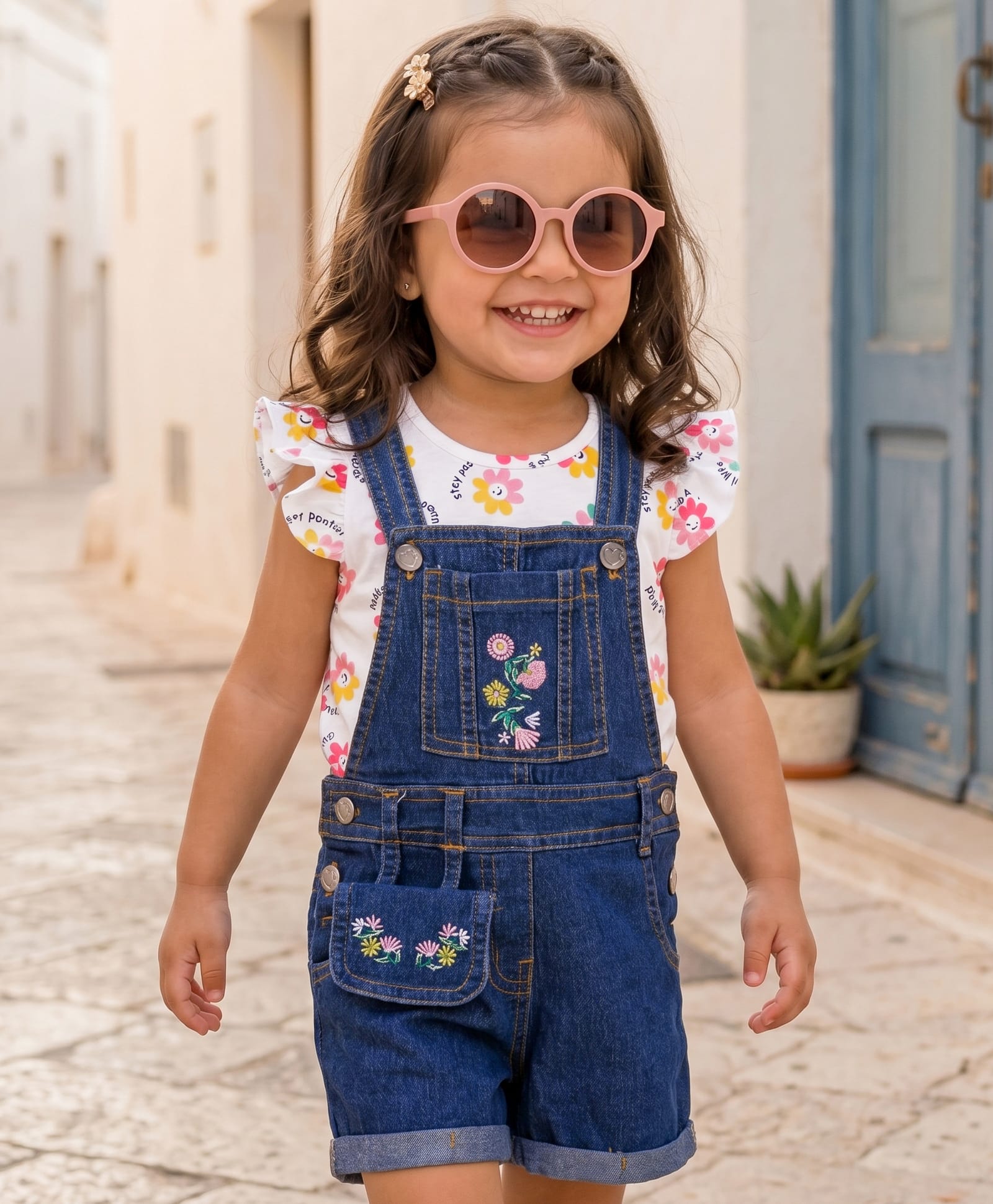 Babyhug Single Jersey Knit Denim Dungaree & Half Sleeves T-Shirt With Floral Print - White & Blue-image-7