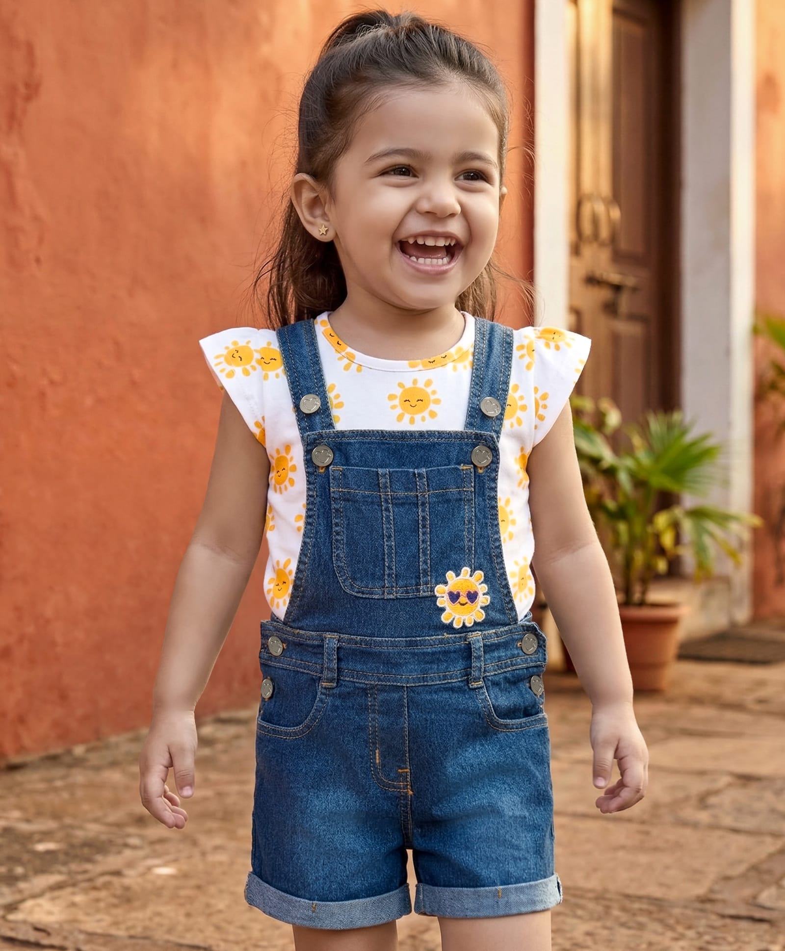 Babyhug Single Jersey Knit Cap Sleeves Sun Printed Tee & Denim Dungaree Set with Embroidery - Blue & White-image-25