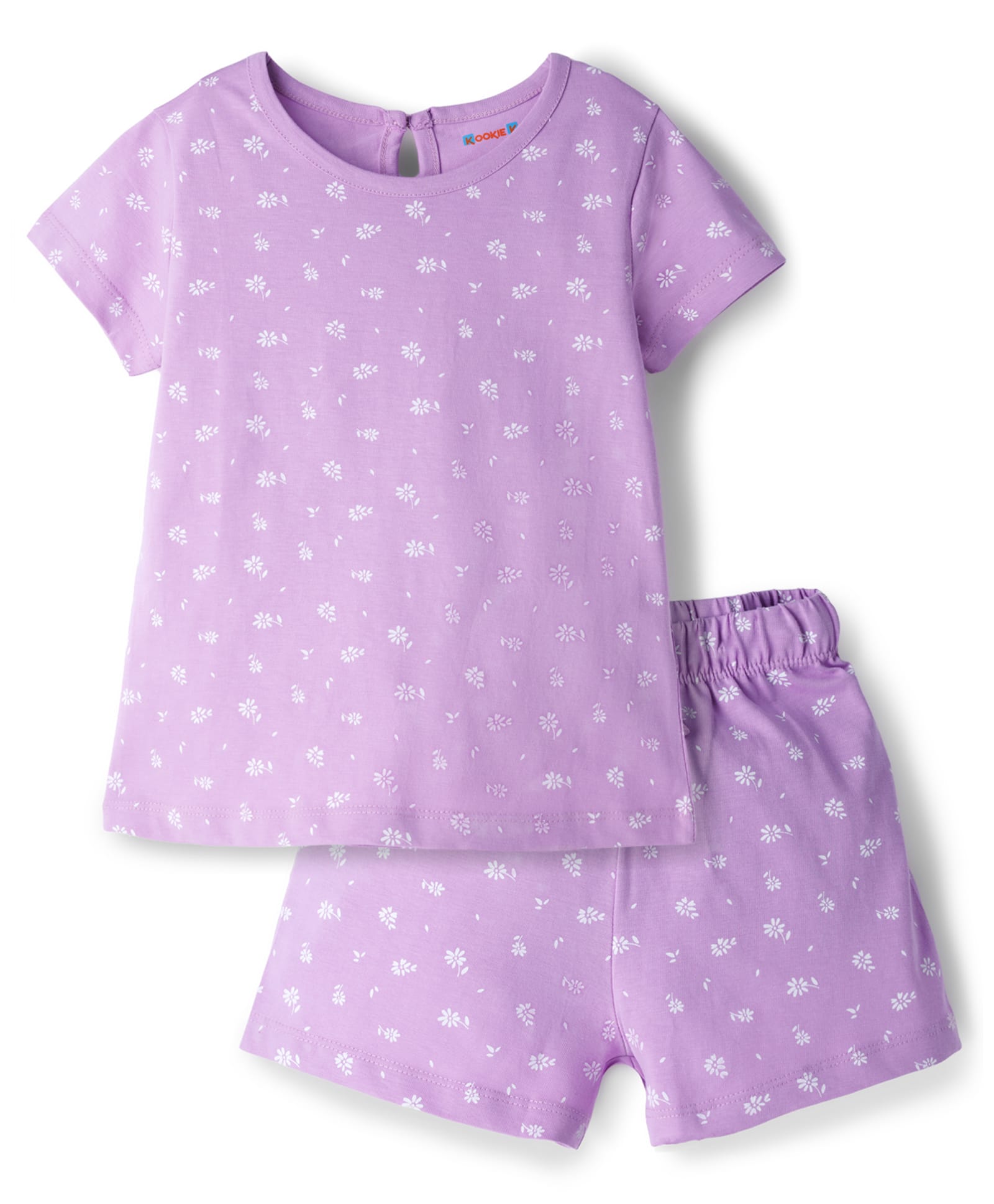 Kookie Kids Single Jersey Knit Half Sleeves T-Shirt & Shorts Co-ord Night Suit With Floral Print - Lavender-image-39