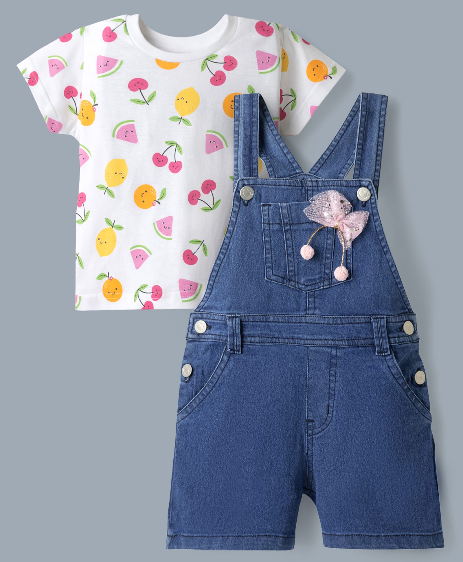 Babyhug Single Jersey Denim Dungaree & Knit Fruits Printed Half Sleeves T-Shirt -White-picture-15