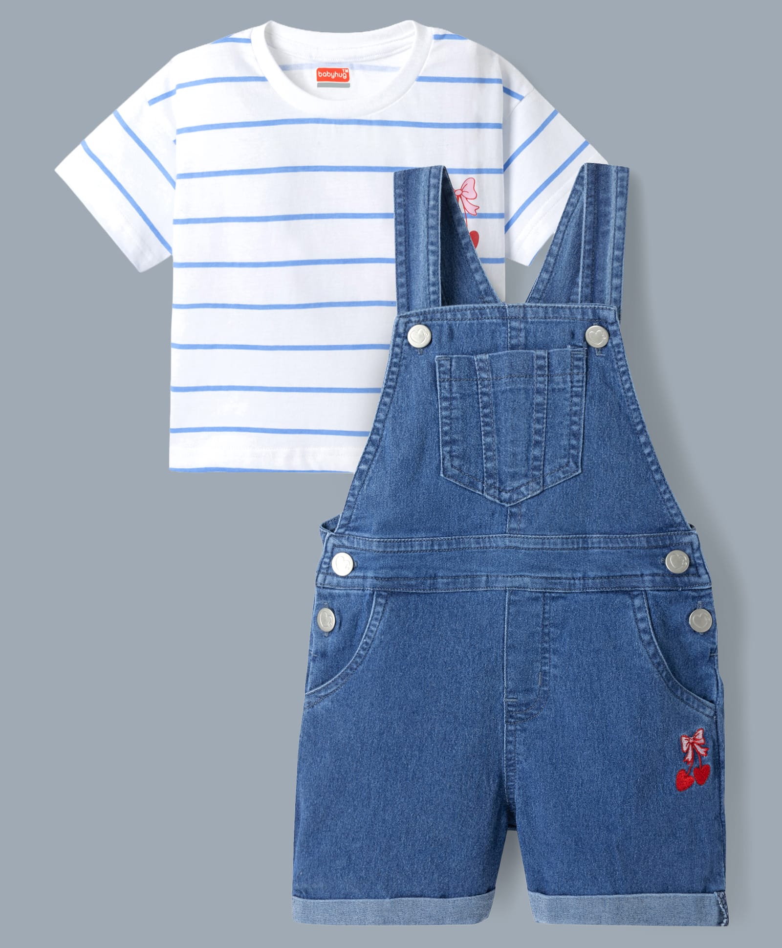 Babyhug Single Jersey Denim Dungaree & Knit Striped Half Sleeves T-Shirt with Heart Print & Embroidery- Blue-picture-20
