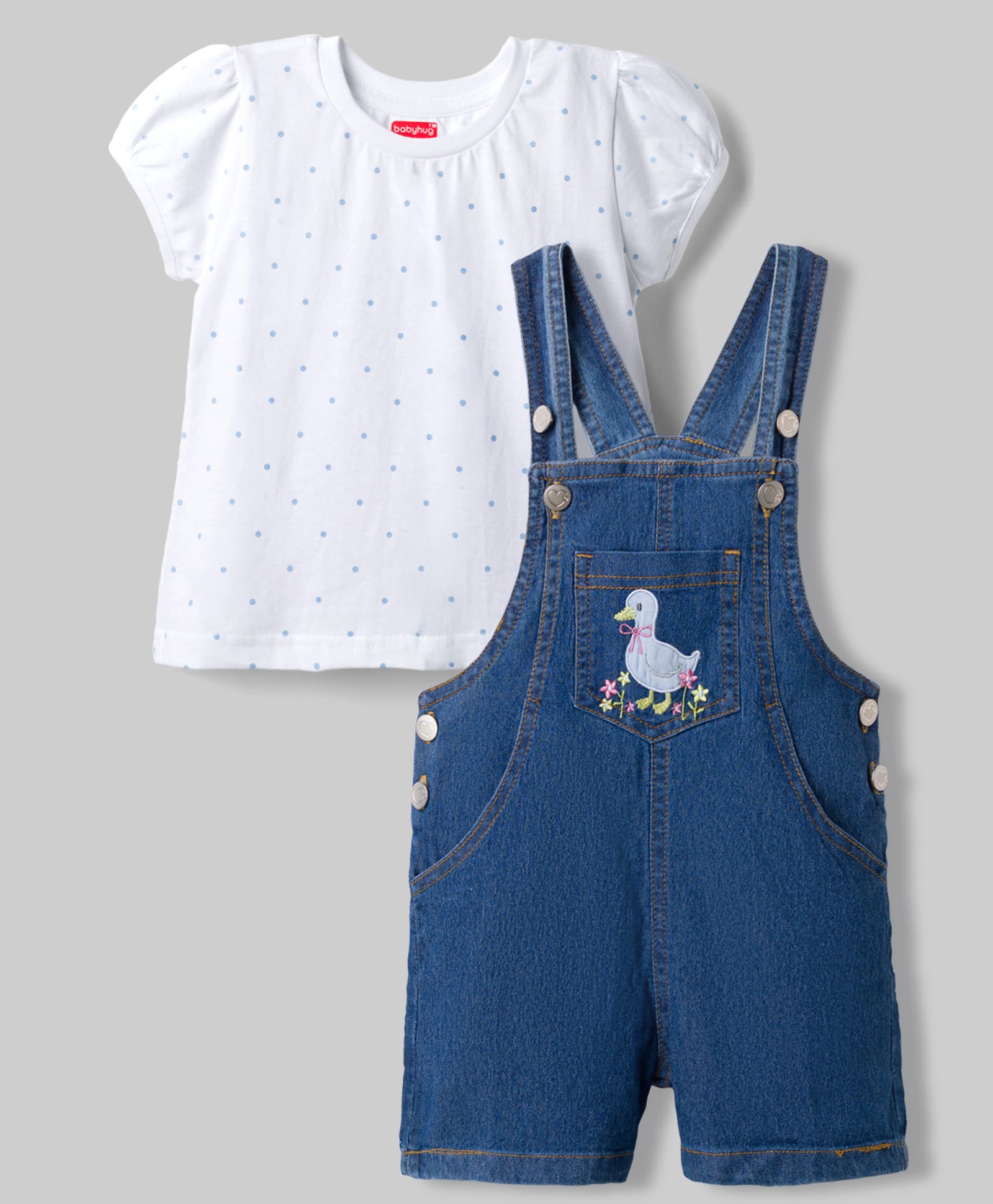 Babyhug Single Jersey Knit Denim Half Sleeves Polka Dot Printed Tee With Duck Patch Dungaree - White & Navy-image-2