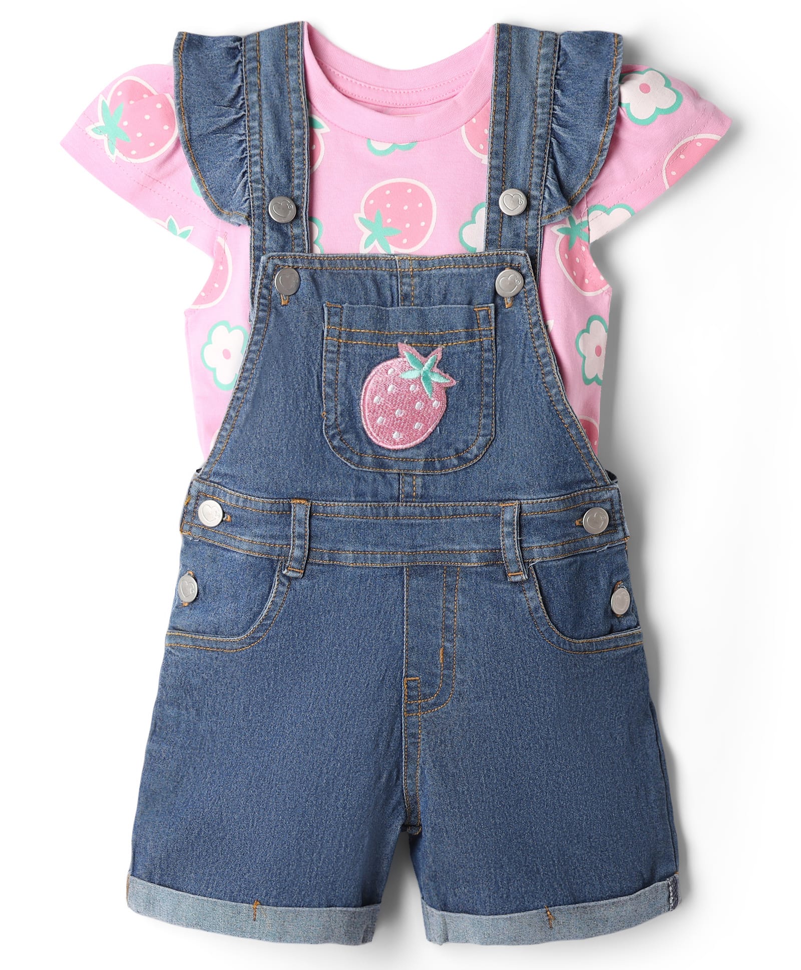 Babyhug Single Jersey Woven Half Sleeves T-Shirt & Dungaree With Strawberry Print- Pink-picture-18