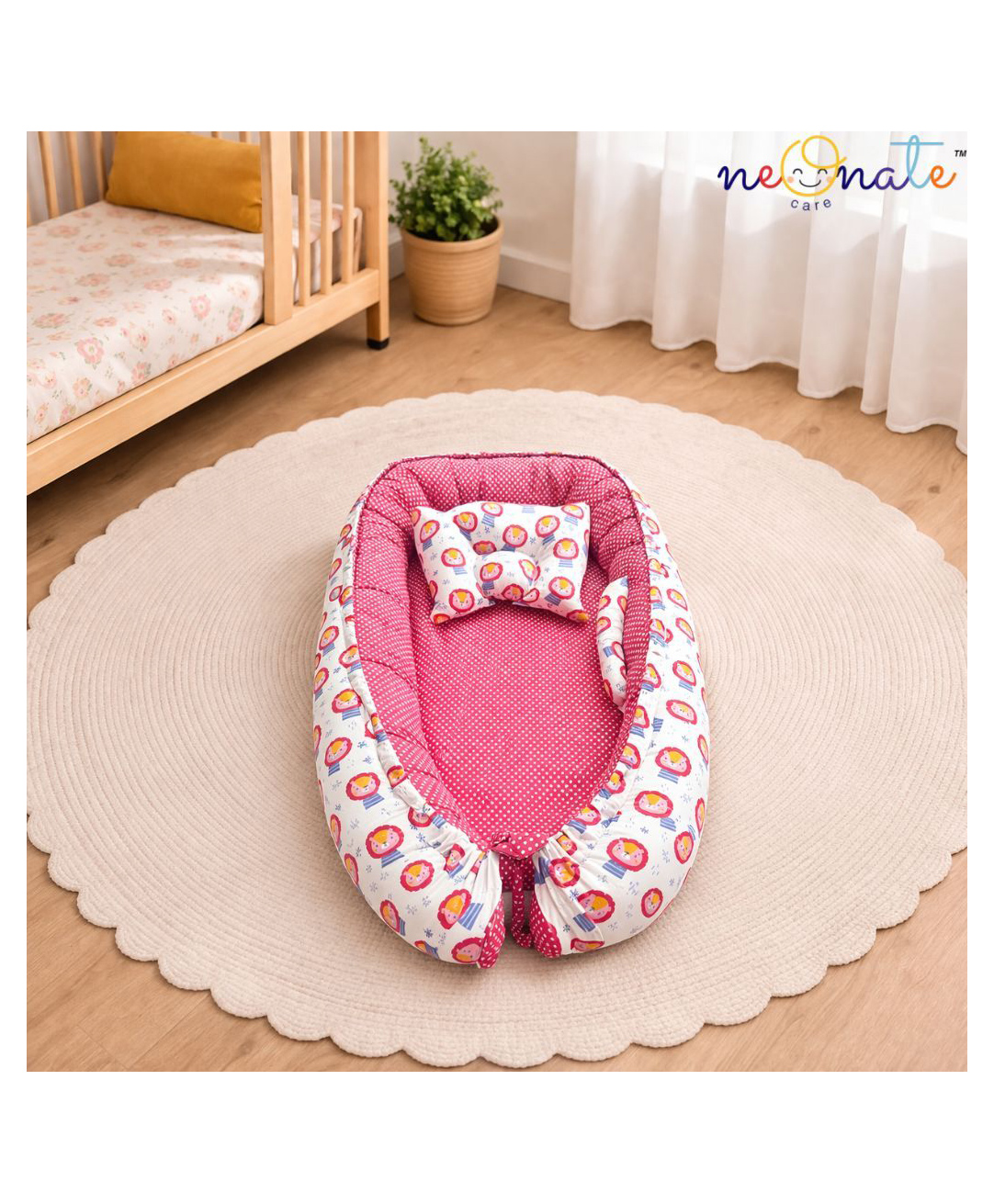 NeonateCare Newborn Baby Nest Bed for 0-24 Months | Portable Reversible Baby Lounger & Foldable Sleeping Bed with Pillow - Pink Lion Nest Bed-picture-11