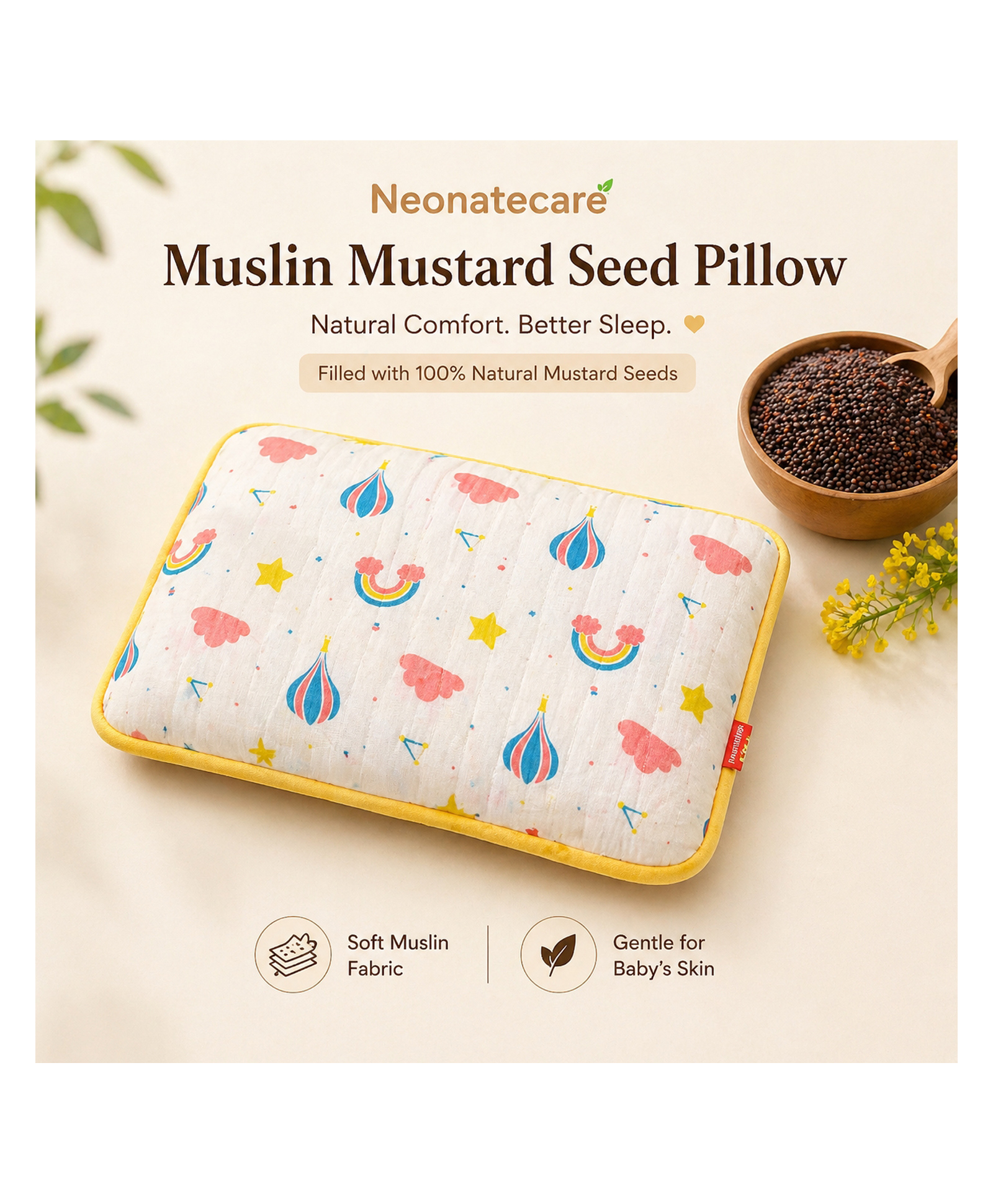 NeonateCare pure muslin pillow with mustard seeds - Rainbow muslin pillow 700 gm pipin design-picture-28