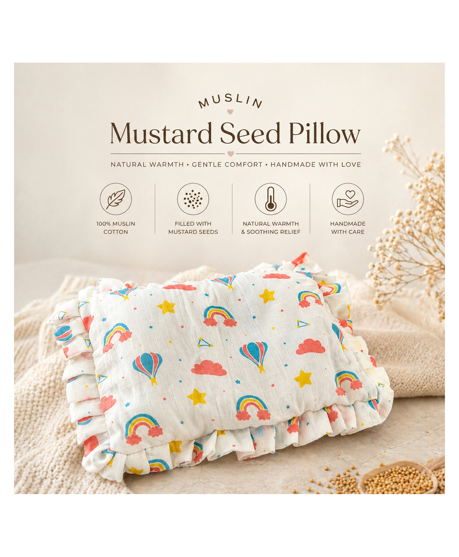 NeonateCare pure muslin pillow with mustard seeds - Rainbow muslin pillow 700 gm fril design-picture-32