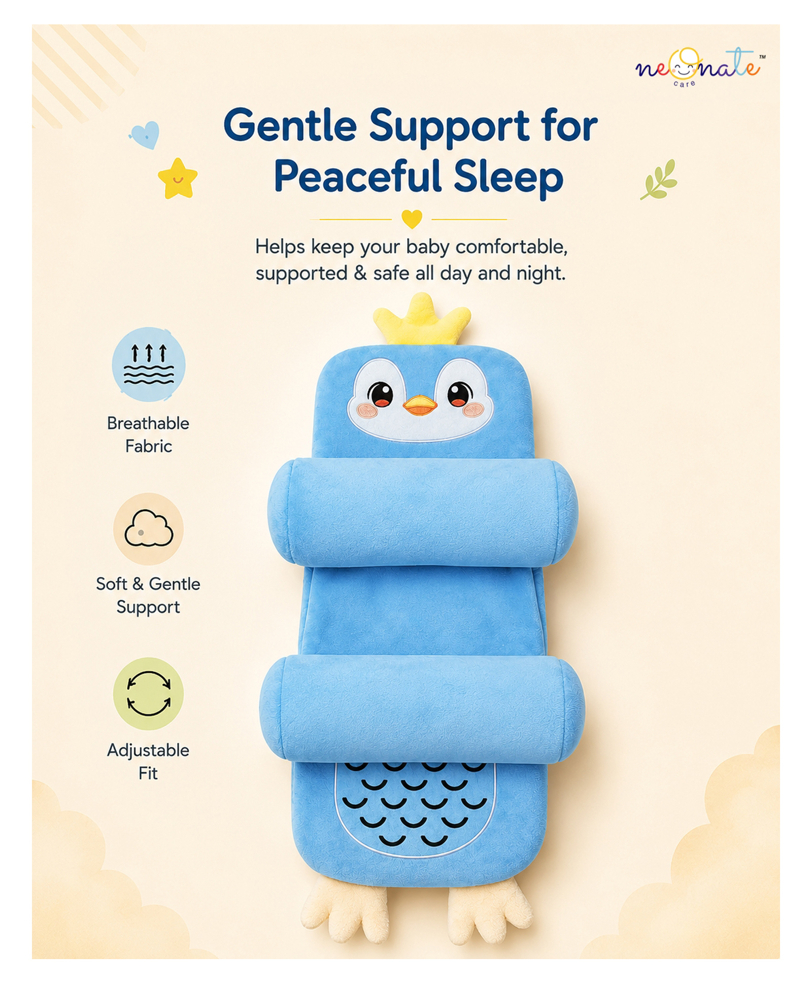 NeonateCare Newborn baby Adjustable pillow Perfect Airflow Sweat Free Newborn baby pillow - Light Blue Penguin adjustable pillow-image-33