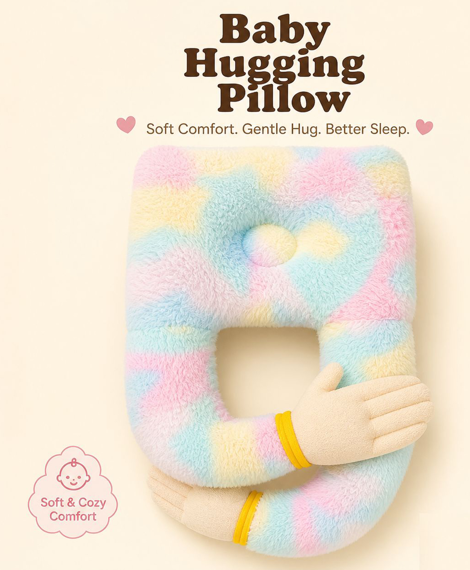 NeonateCare Baby Hugging Pillow for Head Shaping|Neck Support New Born Baby Infant Soft,Plush Pillow - RainBow Fur Peach Hand Hugging Pilllow-picture-16