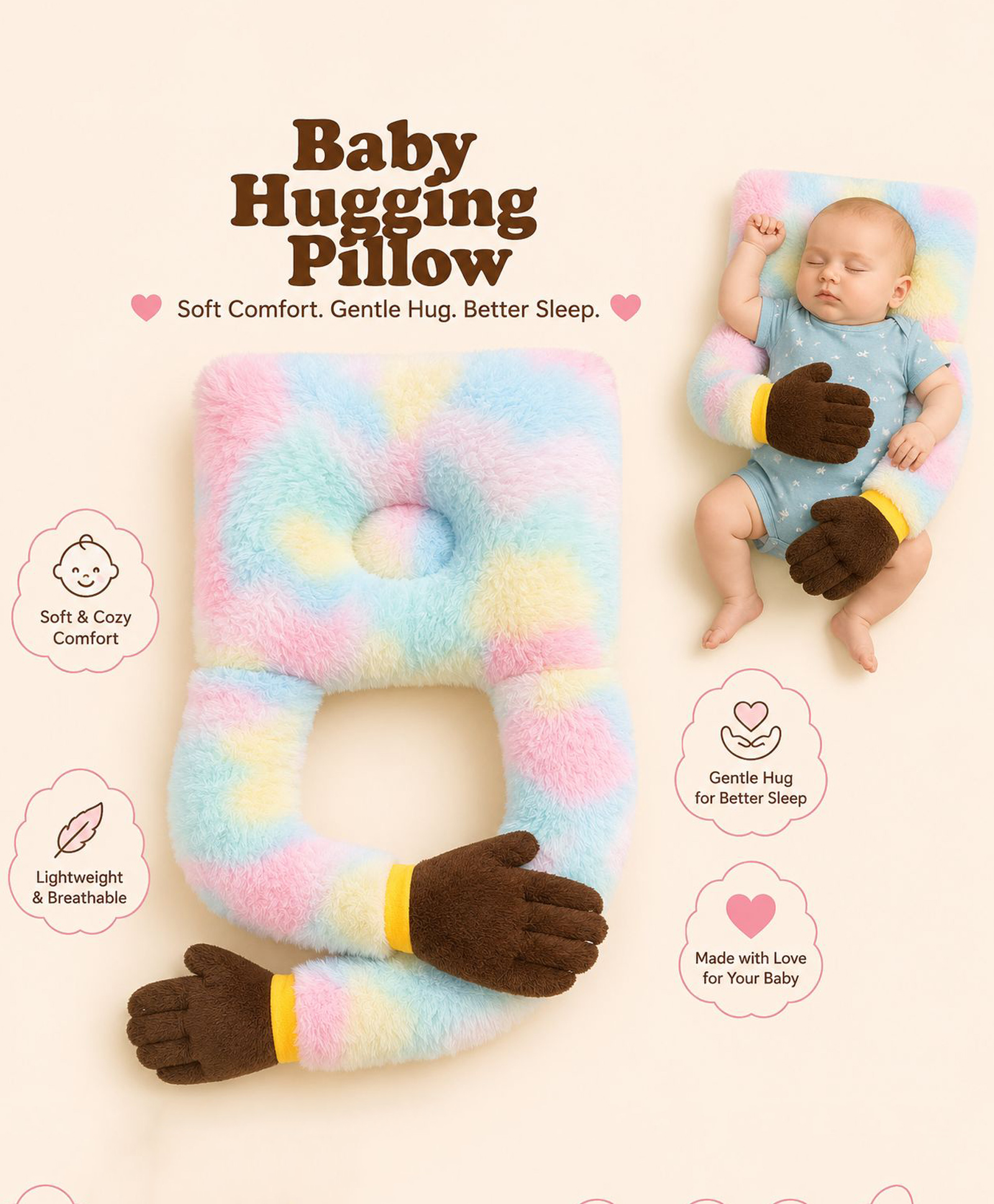 NeonateCare Baby Hugging Pillow for Head Shaping|Neck Support New Born Baby Infant Soft,Plush Pillow - RainBow Fur Brown Hand Hugging Pilllow-picture-35