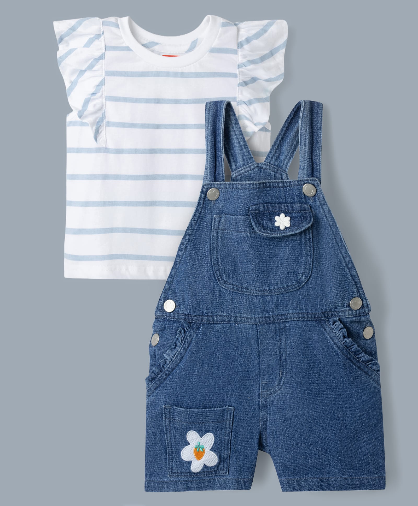 Babyhug Single Jersey Knit Half Frill Sleeves Striped Top & Denim Dunagree Set With Strawberry & Floral Embroidery - White & Blue-picture-27