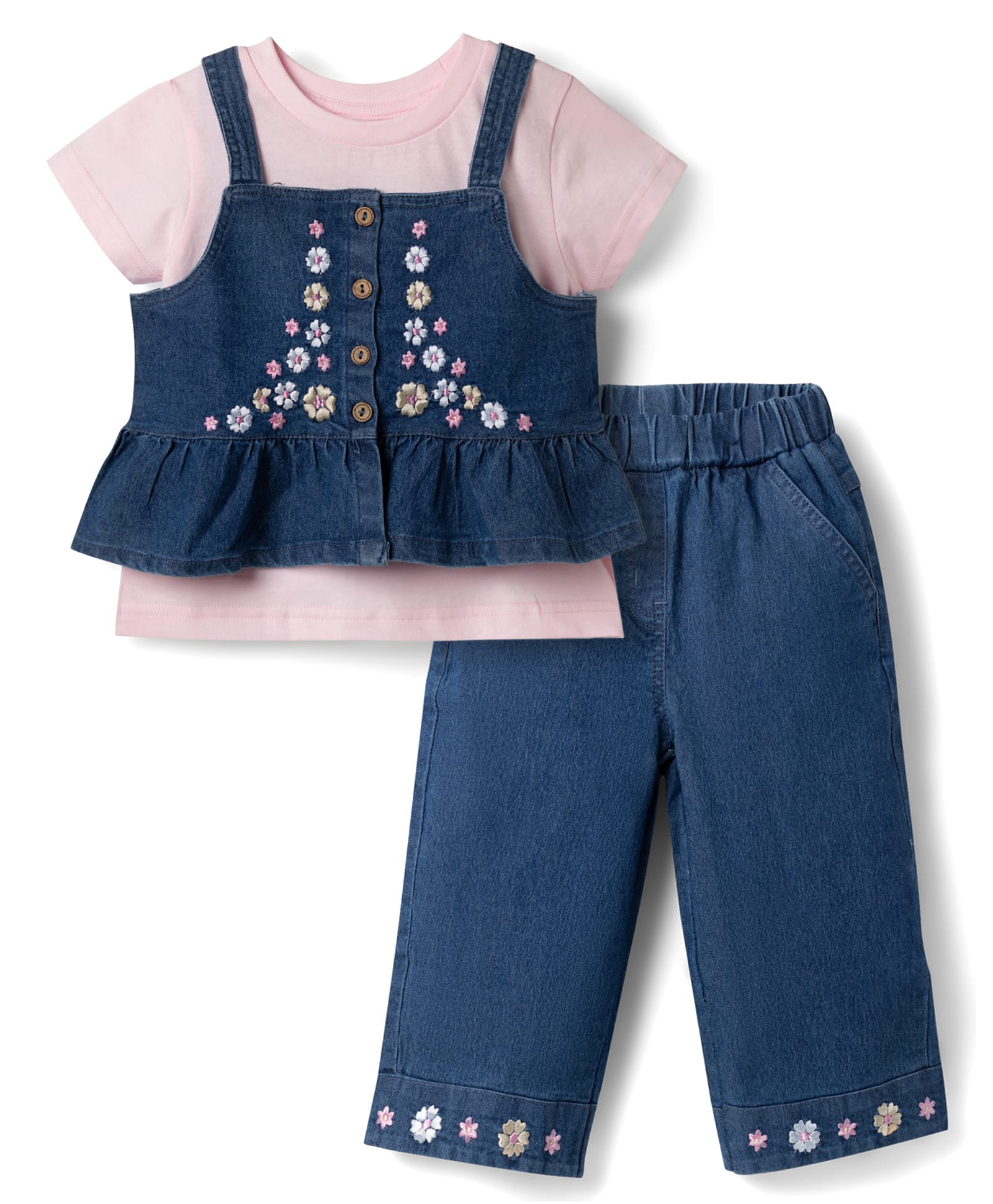 Babyhug Denim Half Sleeves Top & Pant Set With Inner Tee & Floral Embroidery - Navy Blue & Pink-image-23