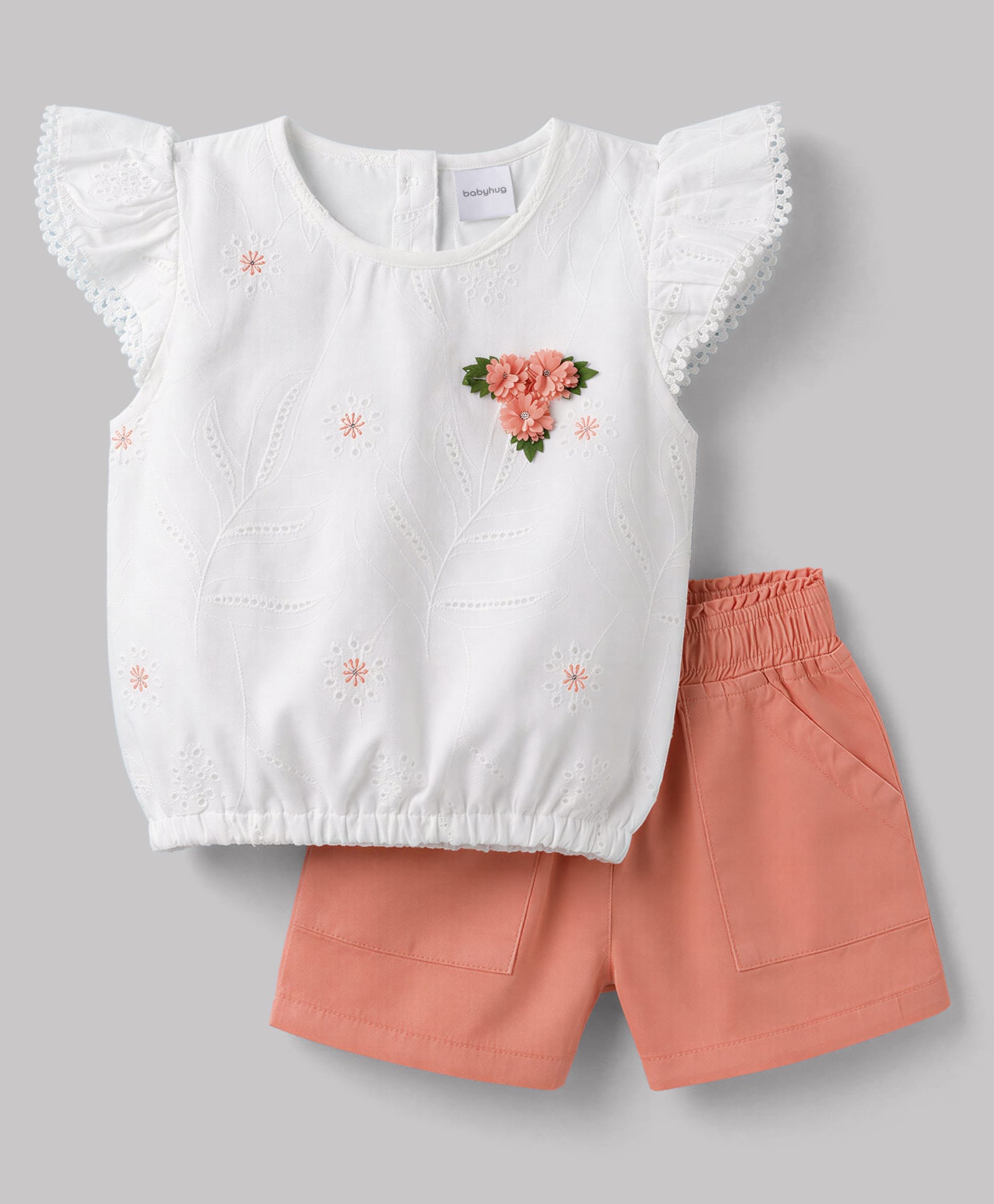 Babyhug Cotton Woven Half Sleeves Top & Shorts Set With Floral Applique - White & Peach-image-30