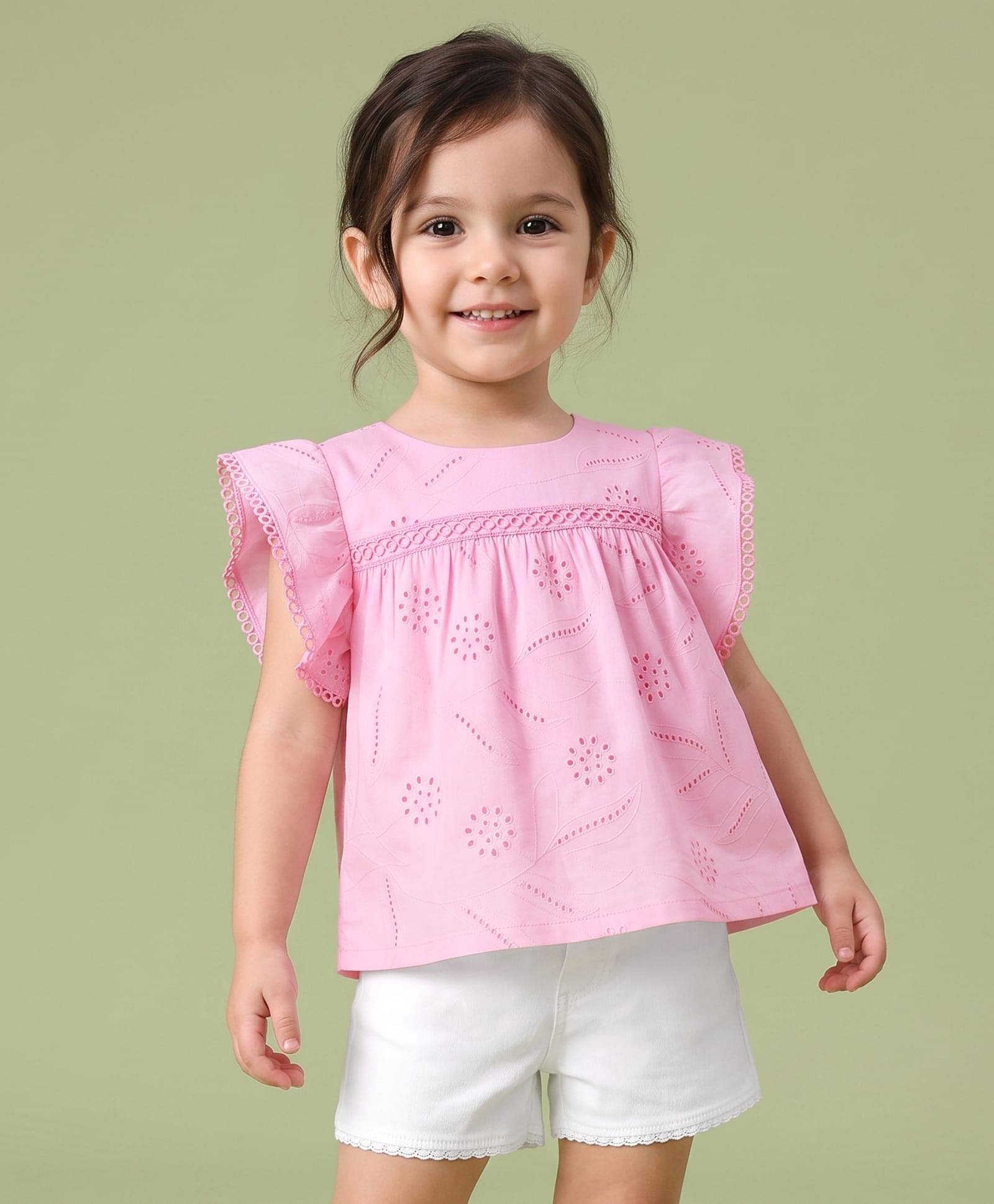 Babyhug Cotton Woven Half Frill Sleeves Schifilli Top & Shorts Set With Lace Detailing - Pink & White-image-49