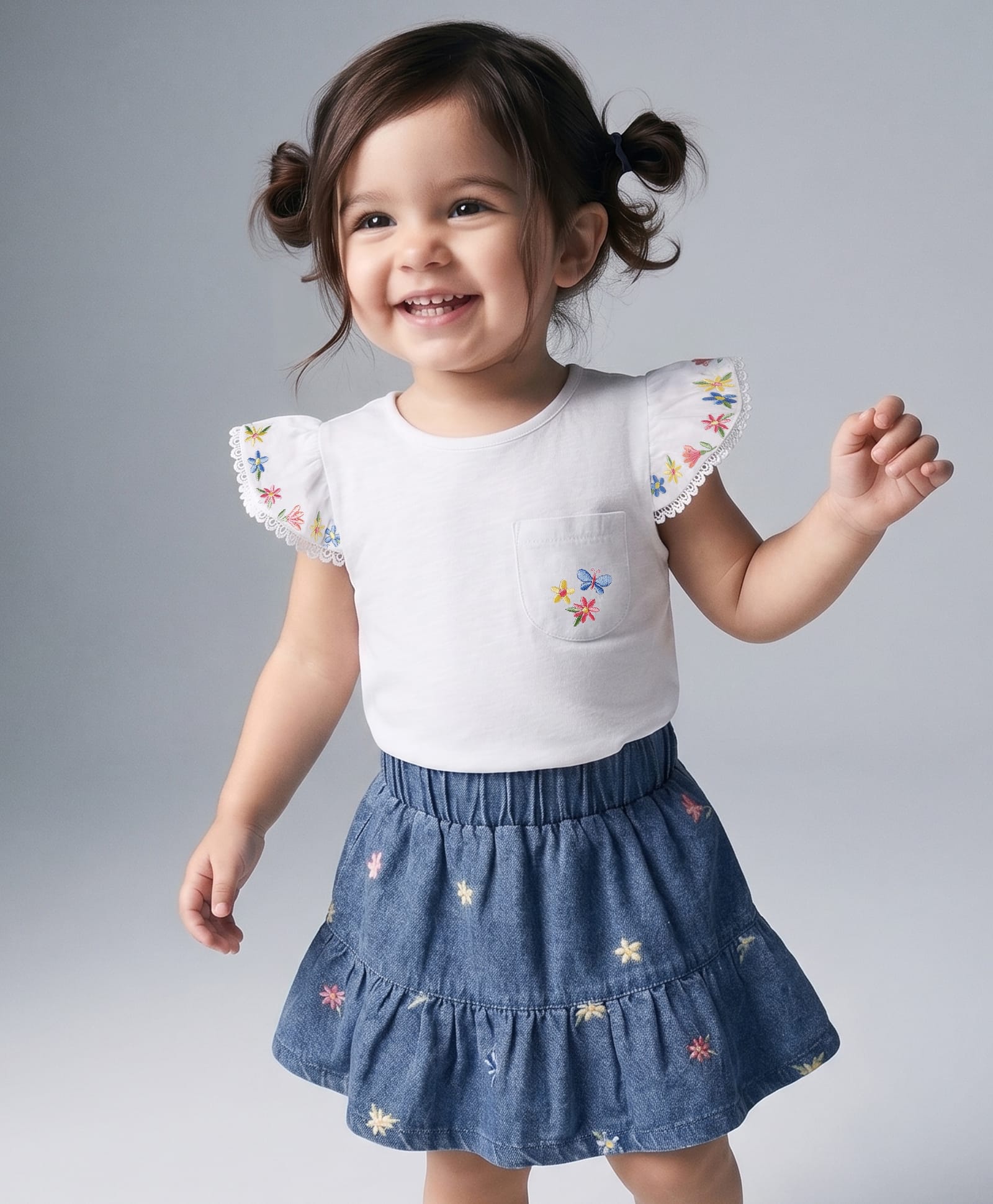 Babyhug Single Jersey Knit Half Frill Sleeves Floral Embroidered Top & Denim Skirt Set - White & Navy Blue-image-21