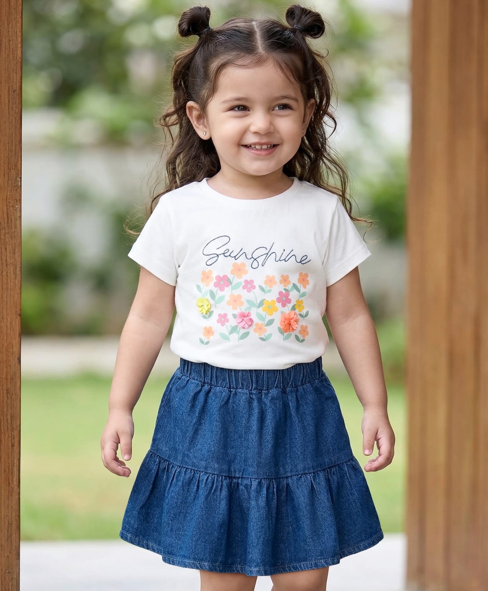Babyhug Single Jersey Knit Half Sleeves Top & Denim Skirt Set with Floral Print - Blue & White-image-32
