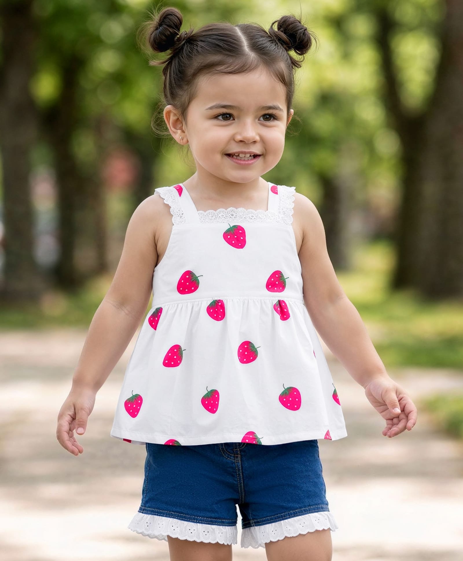 Babyhug Cotton Woven Sleeveless Top & Denim Shorts Set with Strawberry Print - White & Blue-image-43