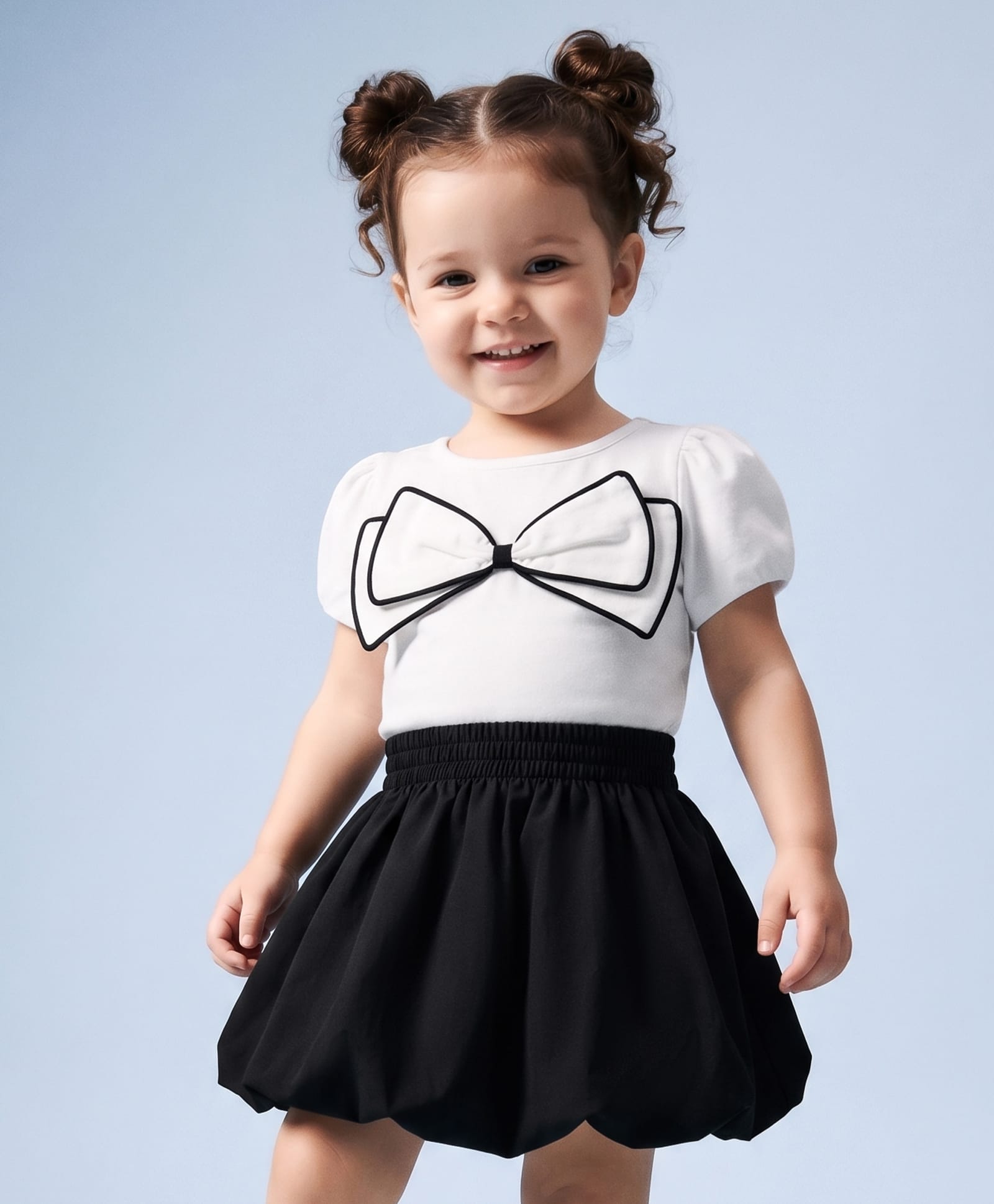 Babyhug Cotton Woven Half Sleeves Solid Top & Skirt With Bow Applique - White & Black-image-41