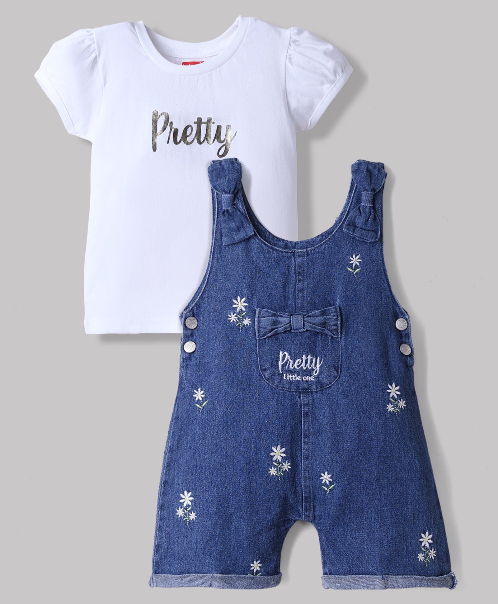 Babyhug Single Jersey Knit Denim Dungarees and Half Sleeves Tee with Floral Embroidery & Bow Applique in White