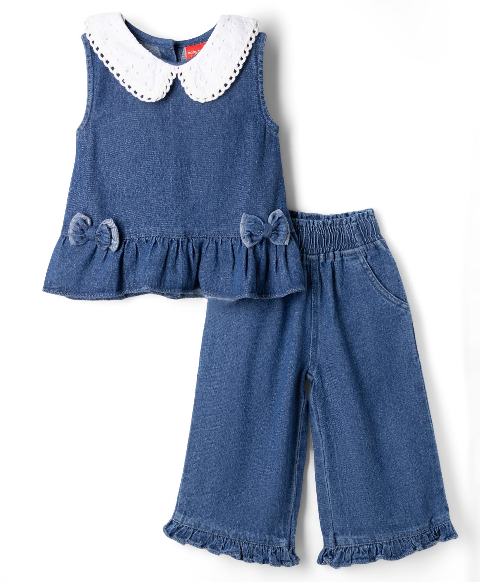 Babyhug Peter Pan Collar Sleeveless Top & Pant Set with Schiffli Bow & Frill Detailing - Blue-image-1