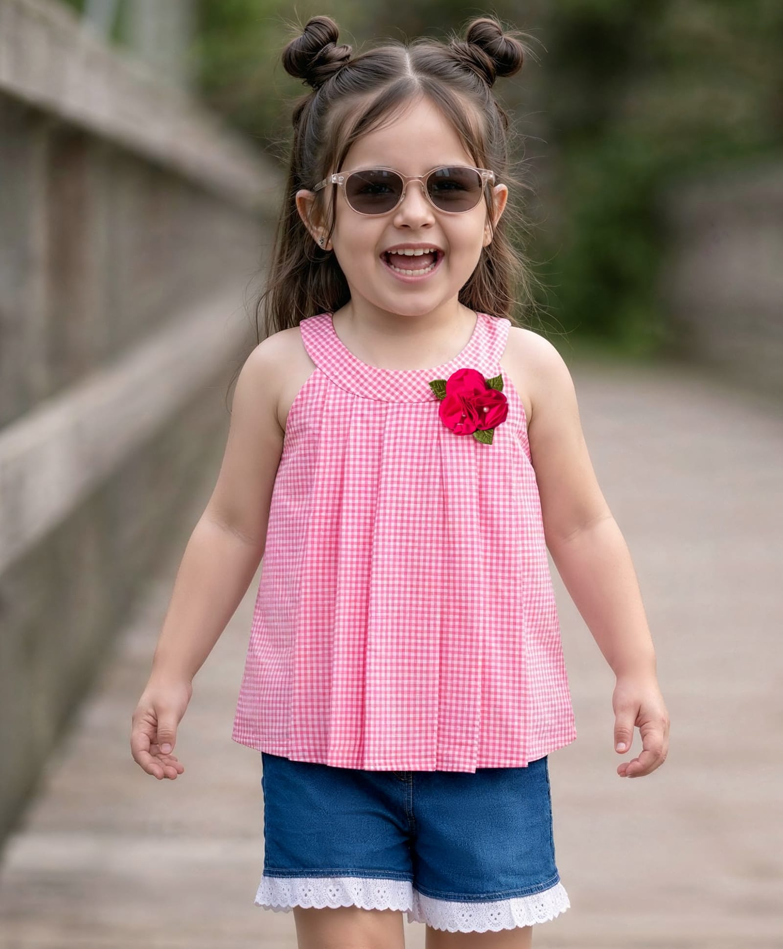 Babyhug Cotton Woven Sleeveless Checkered Top & Denim Shorts Set with Floral Applique - Blue & White-image-17