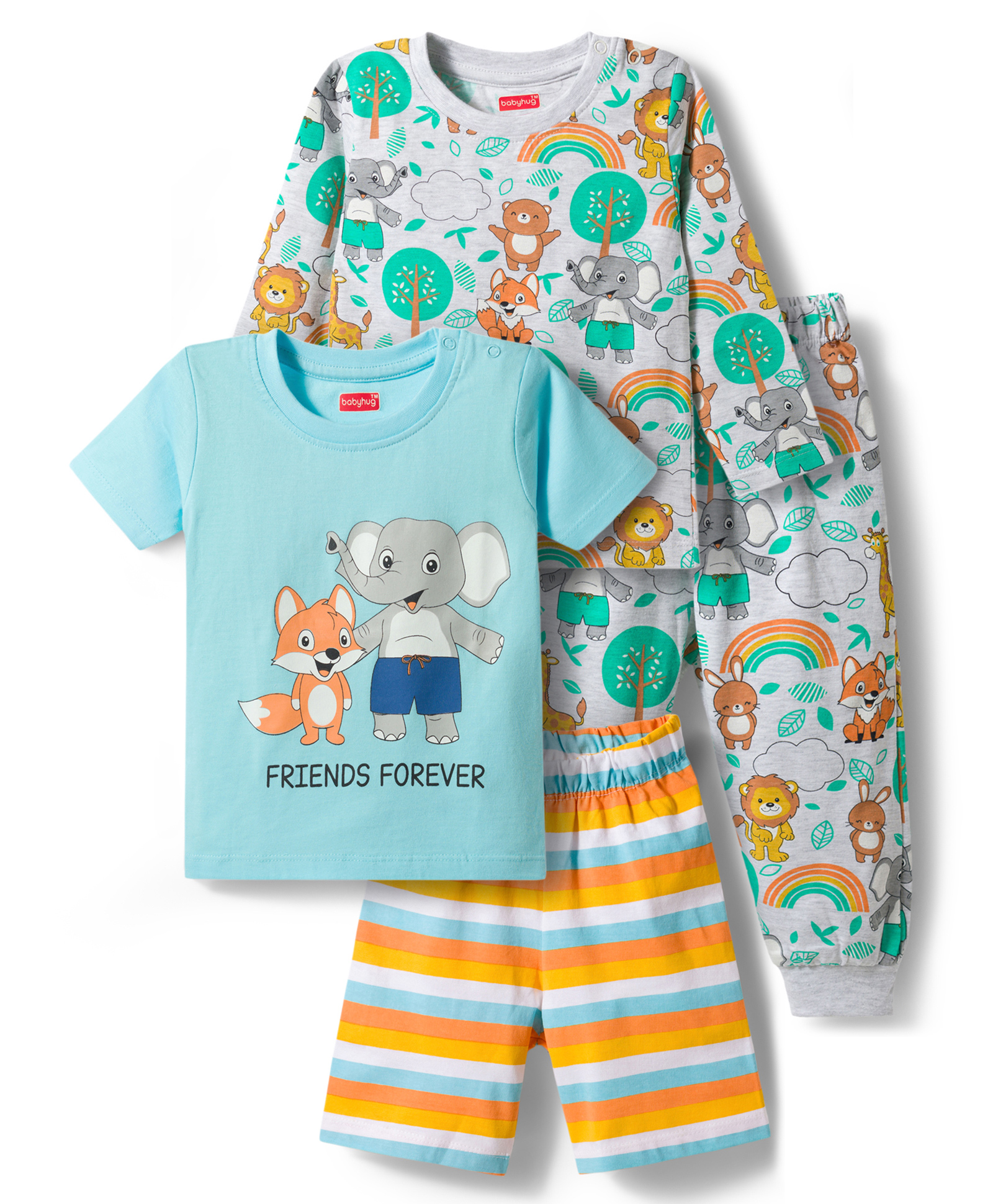 Babyhug Cotton Knit Full Sleeves Animal Printed Pyjama & Half Sleeves Striped Shorts Night Suit Pack Of 2 - Multicolour-image-43
