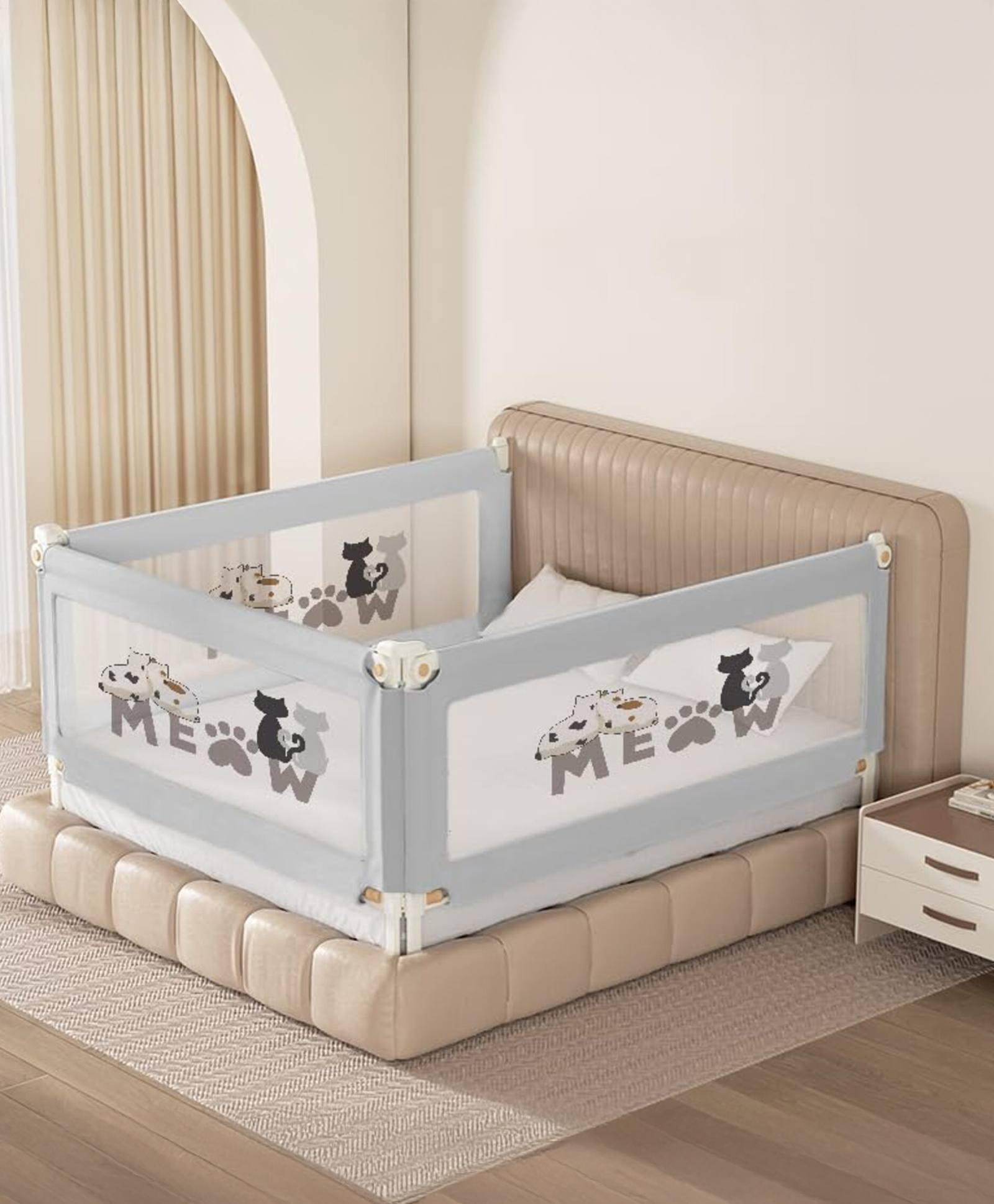 Kids Station Baby Bed Rail Guard for Baby & Toddler Safety Adjustable Height 3 Side Bed Rail with See-Through Mesh, Foldable Bed Safety Guard for King Beds (6.6ft x 5.3ft, 3 Side, Grey, Basic)-image-45