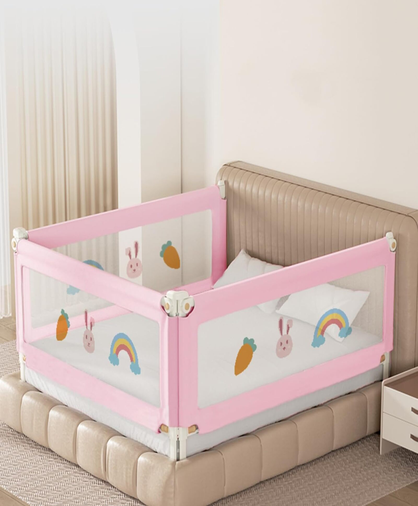 Kids Station Baby Bed Rail Guard for Infant & Toddler Safety Adjustable Height 3 Side Bed Rail with See-Through Mesh, Foldable Portable Safety Guard (6ft x 5.3ft, 3 Side, Pink, Basic)-image-15